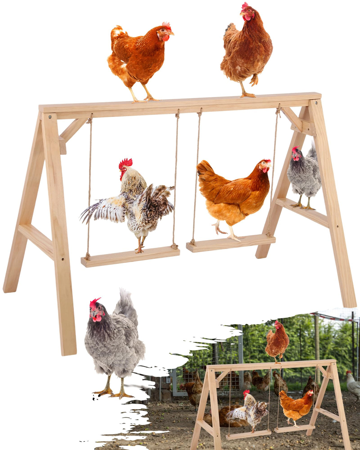 SENXILLER pine wood chicken roosting bar with two swings for a sturdy outdoor perch.