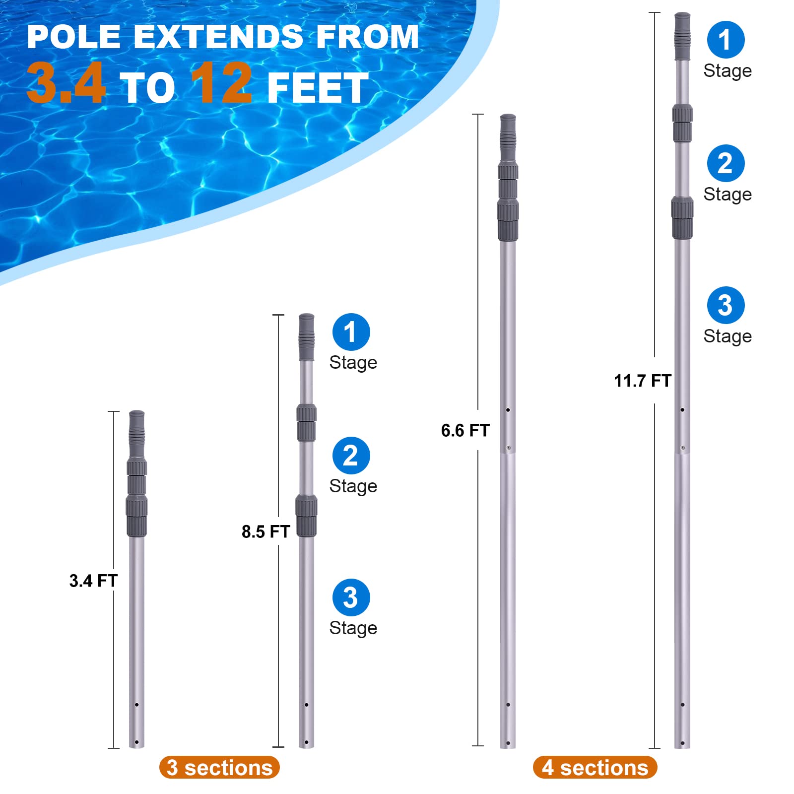 Sepetrel pool pole thick-wall aluminum construction resists bending during scrubbing.