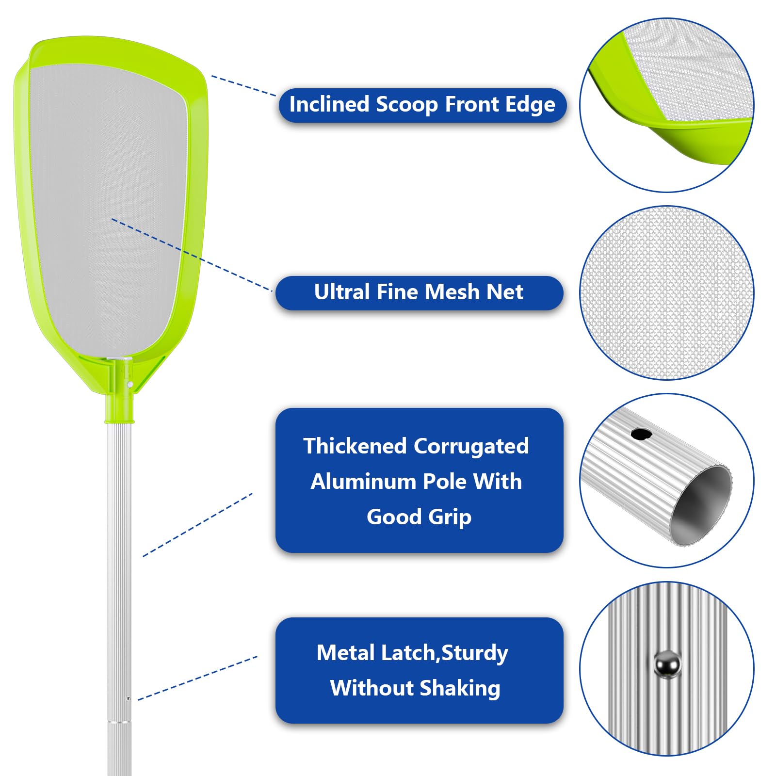 Sepetrel pool skimmer net with aluminum pole provides durable, comfortable reach