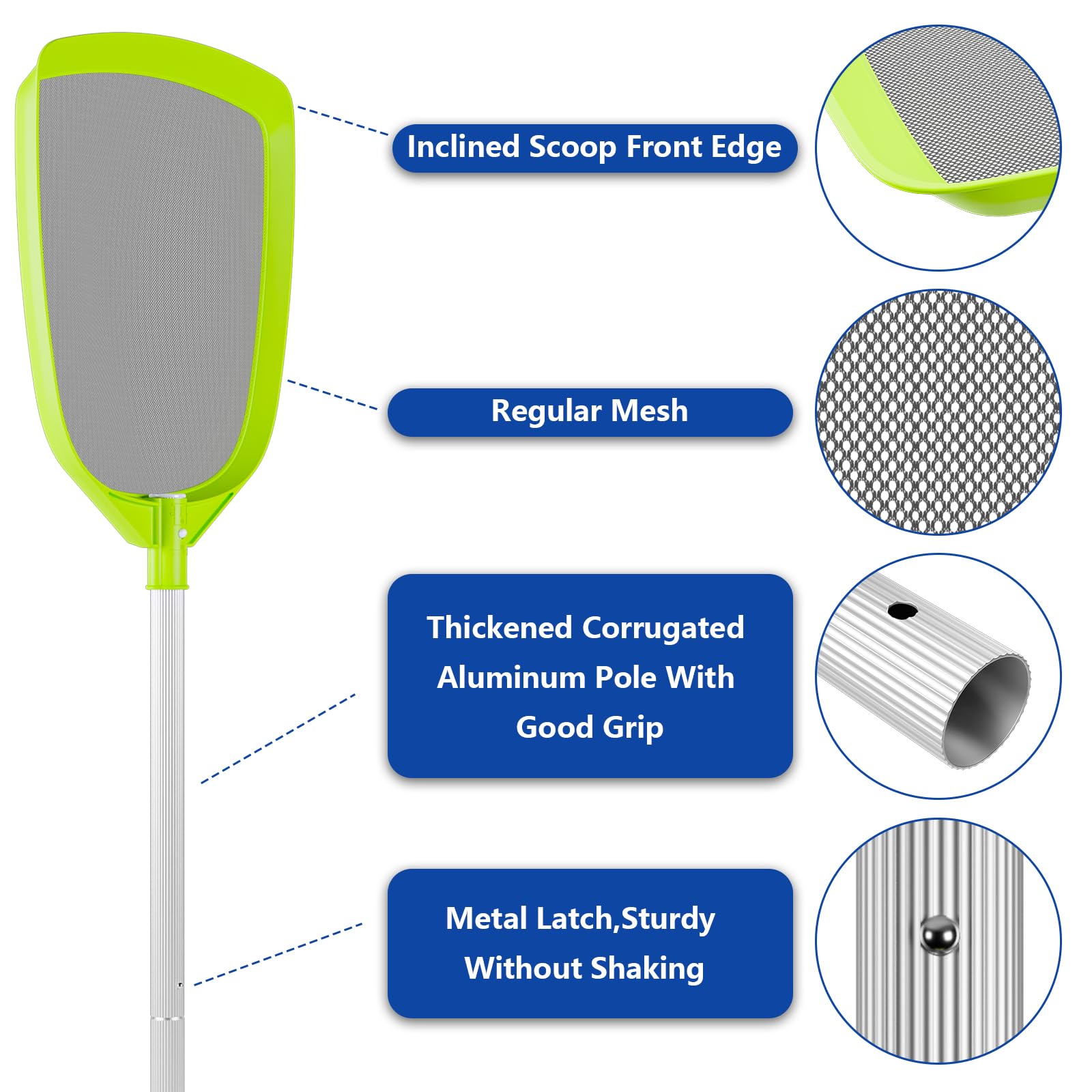 Sepetrel skimmer net with angled lip for efficient surface debris retention
