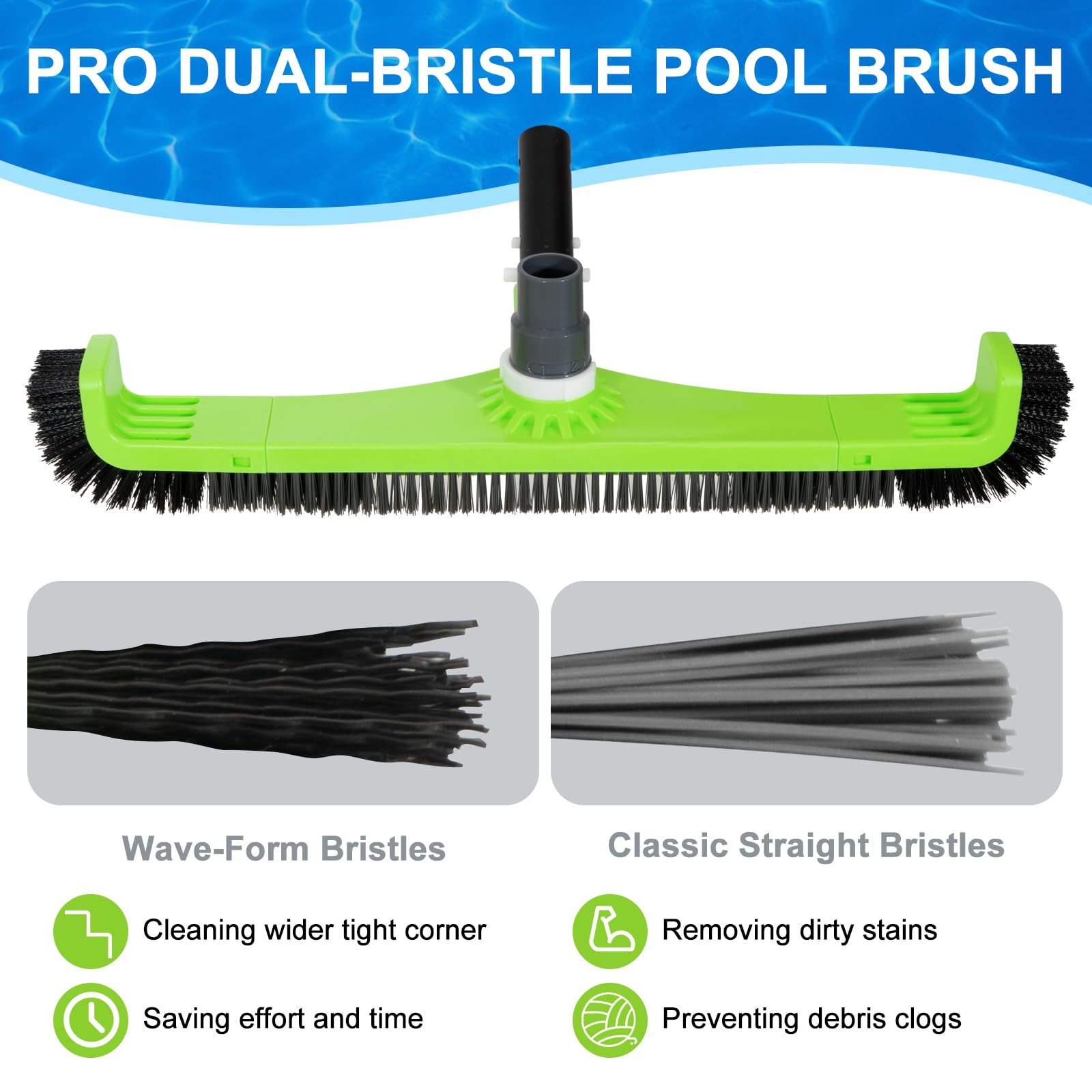 Sepetrel wide 20-inch brush covers large areas to speed up pool maintenance.