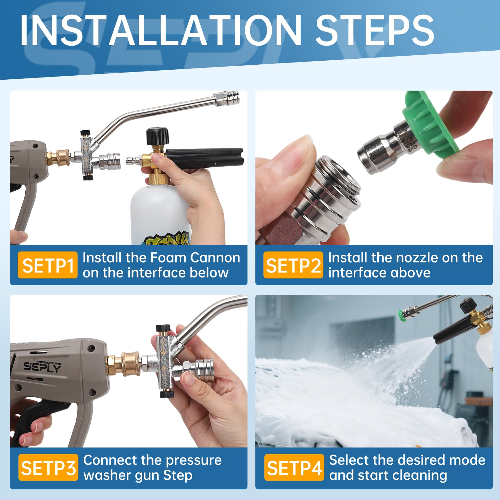 SEPLY compatible with 1000–3000 PSI machines for residential and professional use.