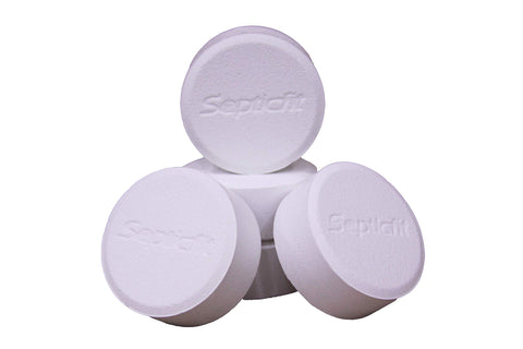 Septicfit chlorine tablet white tablet closeup emphasizing quality.