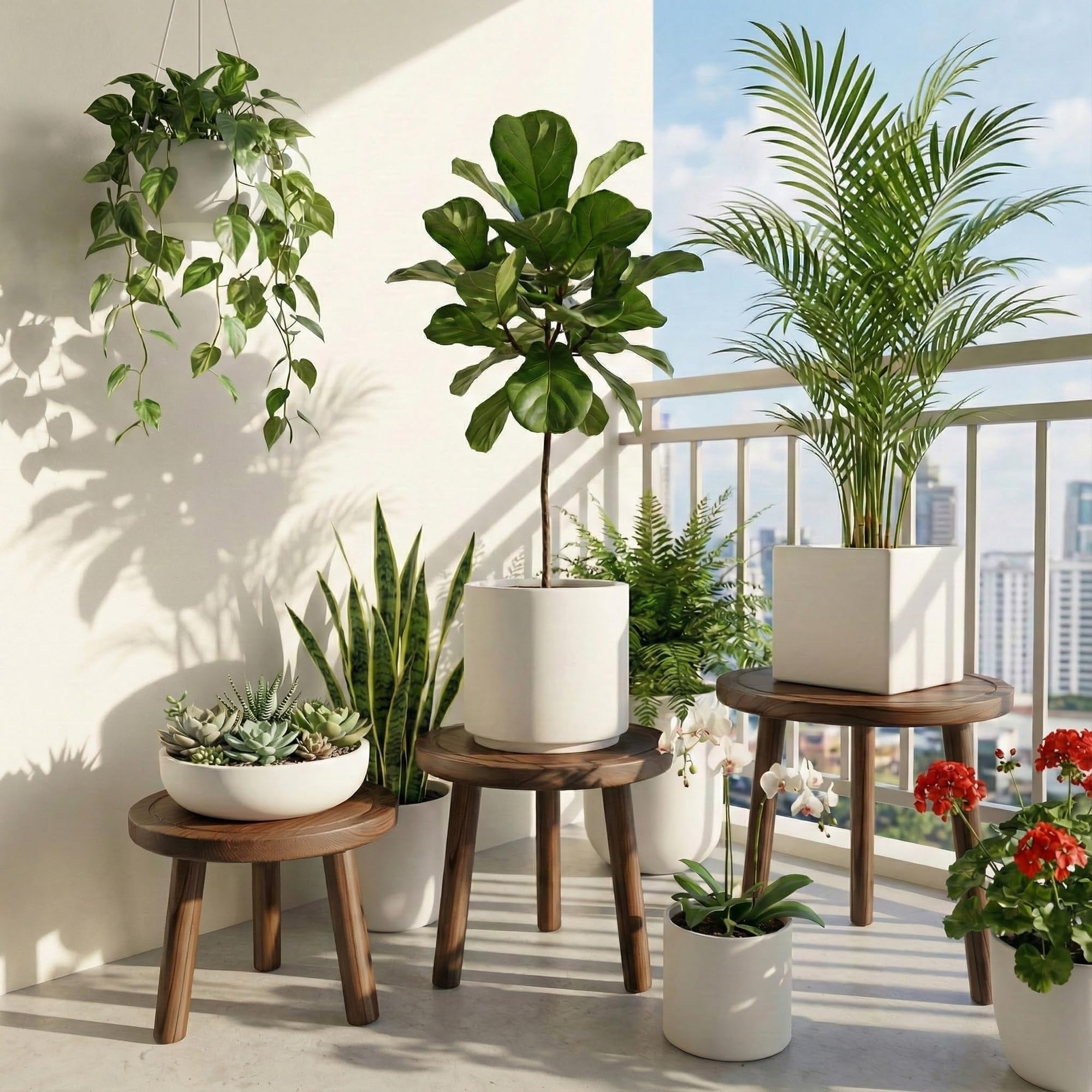 SEQUEDA wood plant stand 11-inch height elevates a large plant for a dramatic room accent.