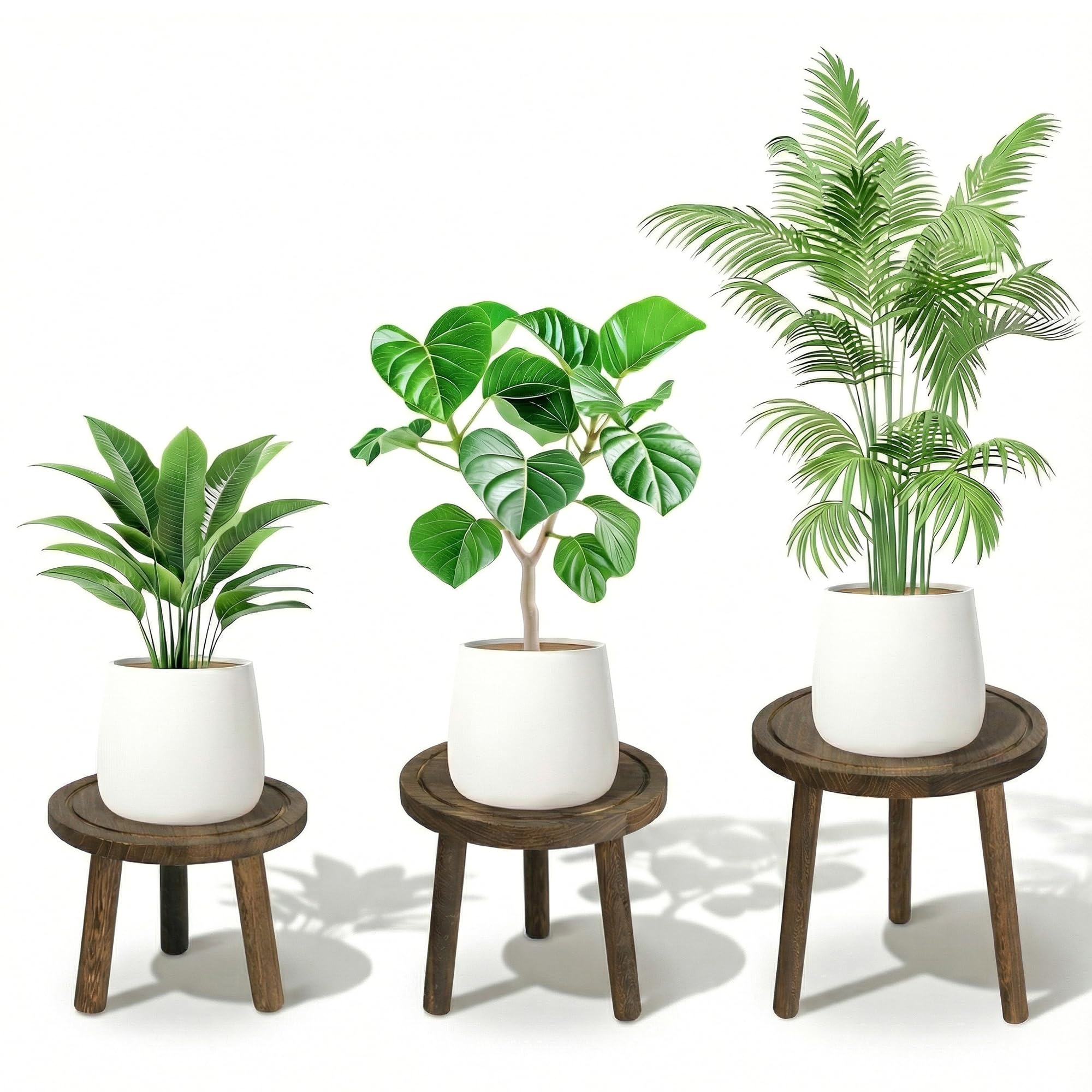 SEQUEDA wood plant stand 3-pack setup displaying three heights for layered greenery.