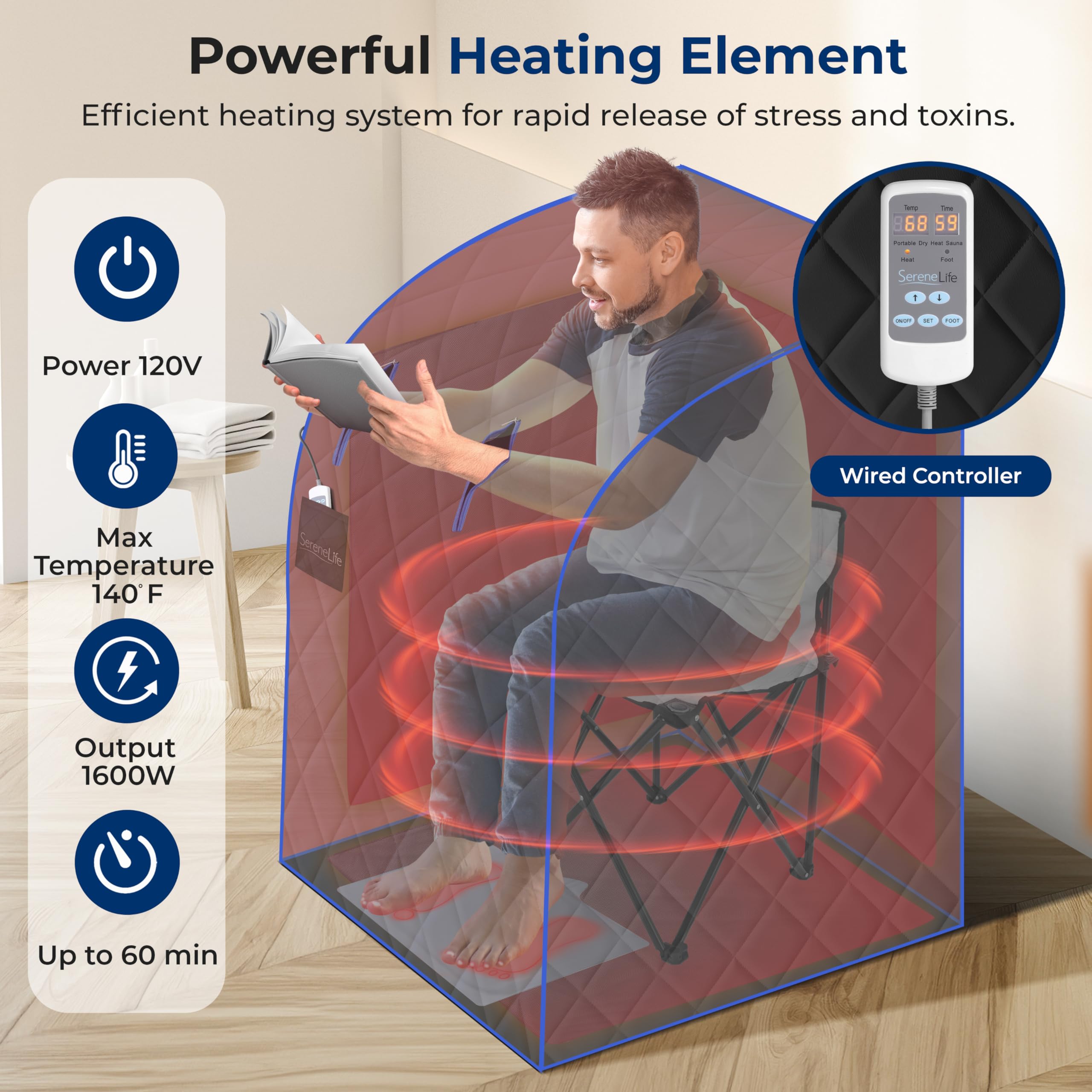 SereneLife foldable sauna chair provides convenient seating during sessions.