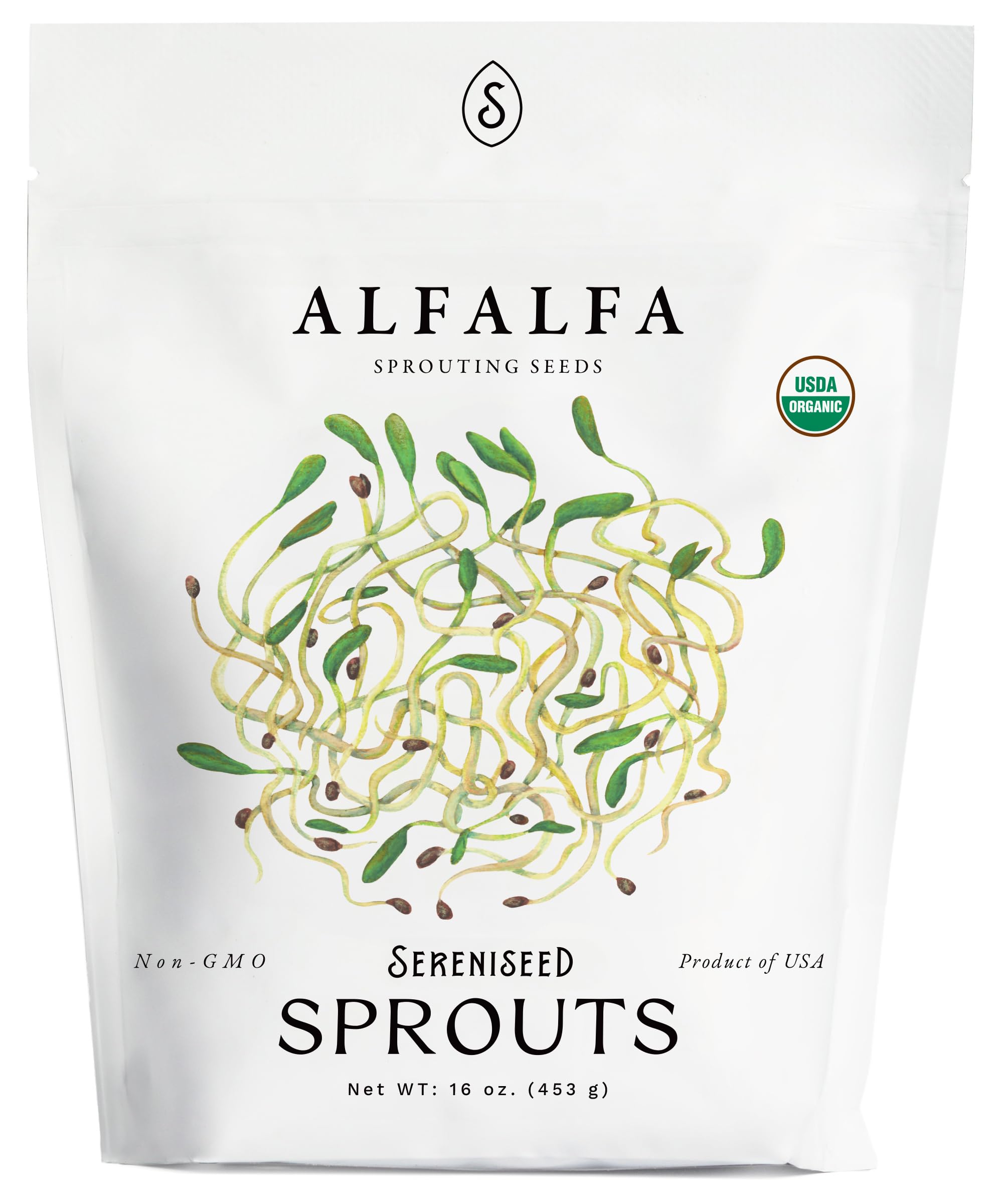 Sereniseed alfalfa sprout seeds in a 16oz bag for quick home sprouts.