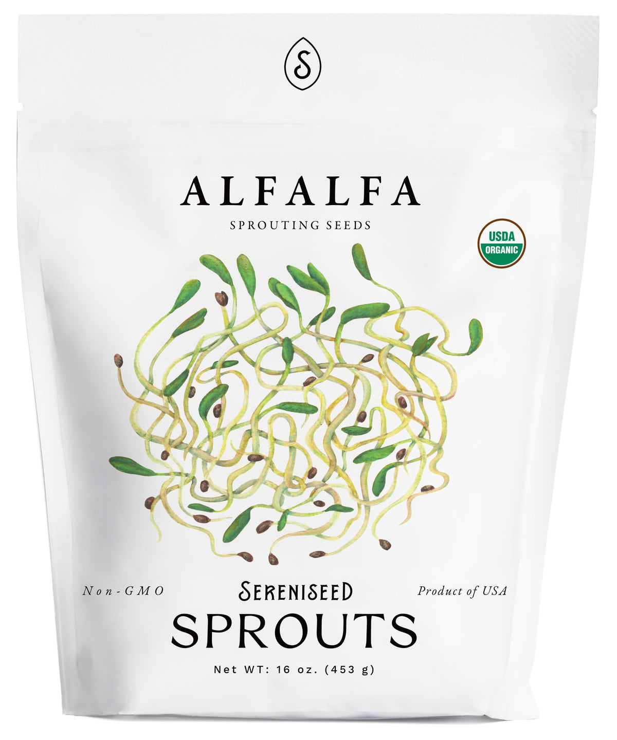 Sereniseed alfalfa sprout seeds in a 16oz bag for quick home sprouts.