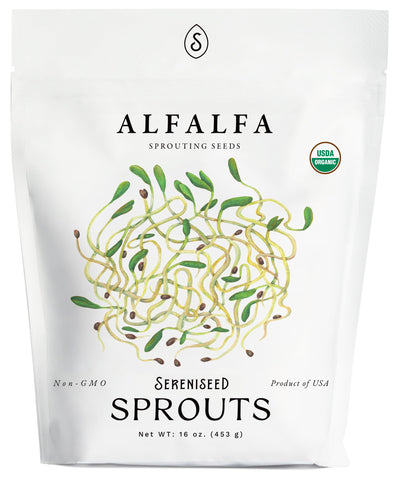 Sereniseed alfalfa sprout seeds in a 16oz bag for quick home sprouts.