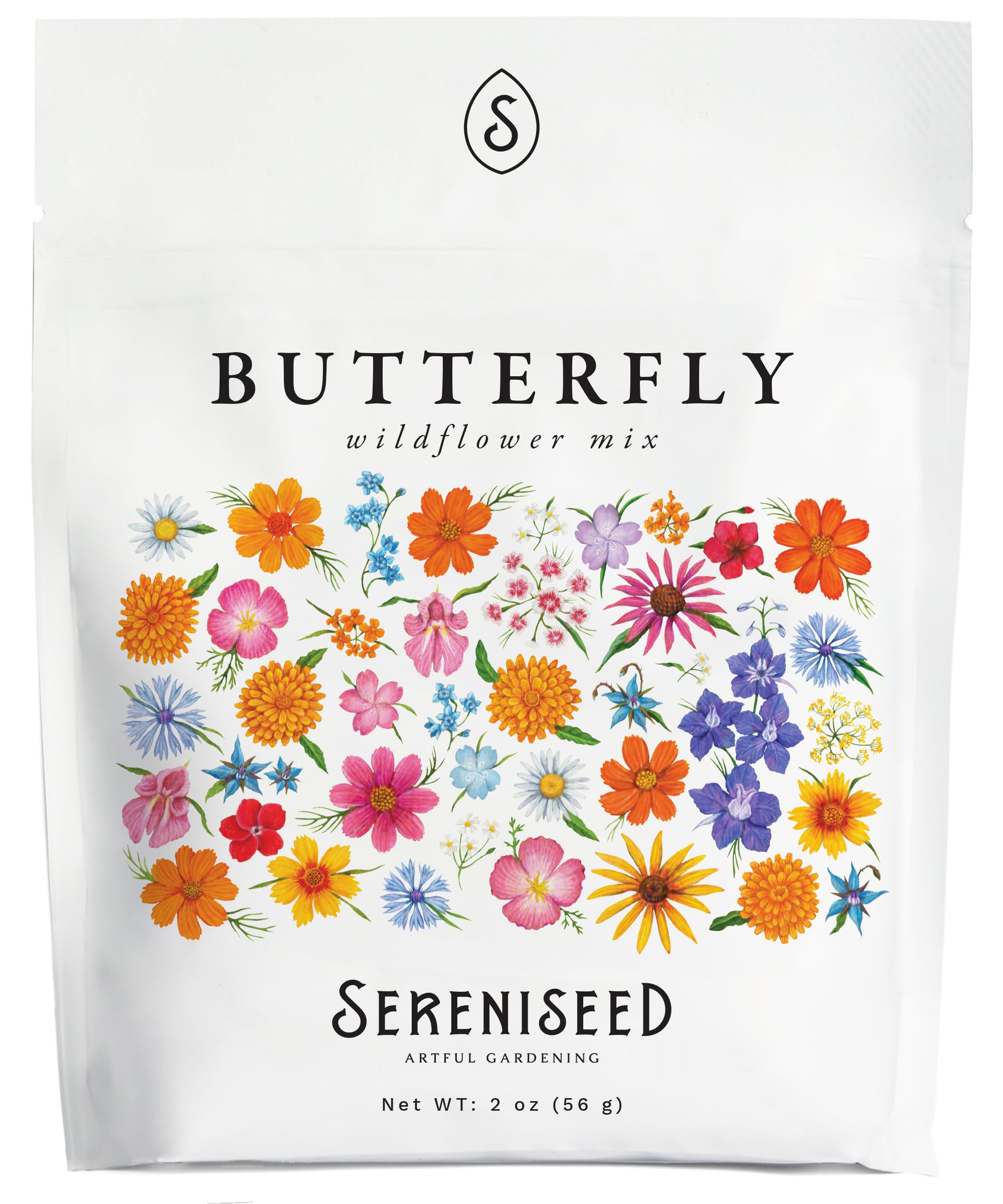 Sereniseed butterfly wildflower mix seeds 2oz, ready to plant for a pollinator-friendly garden.