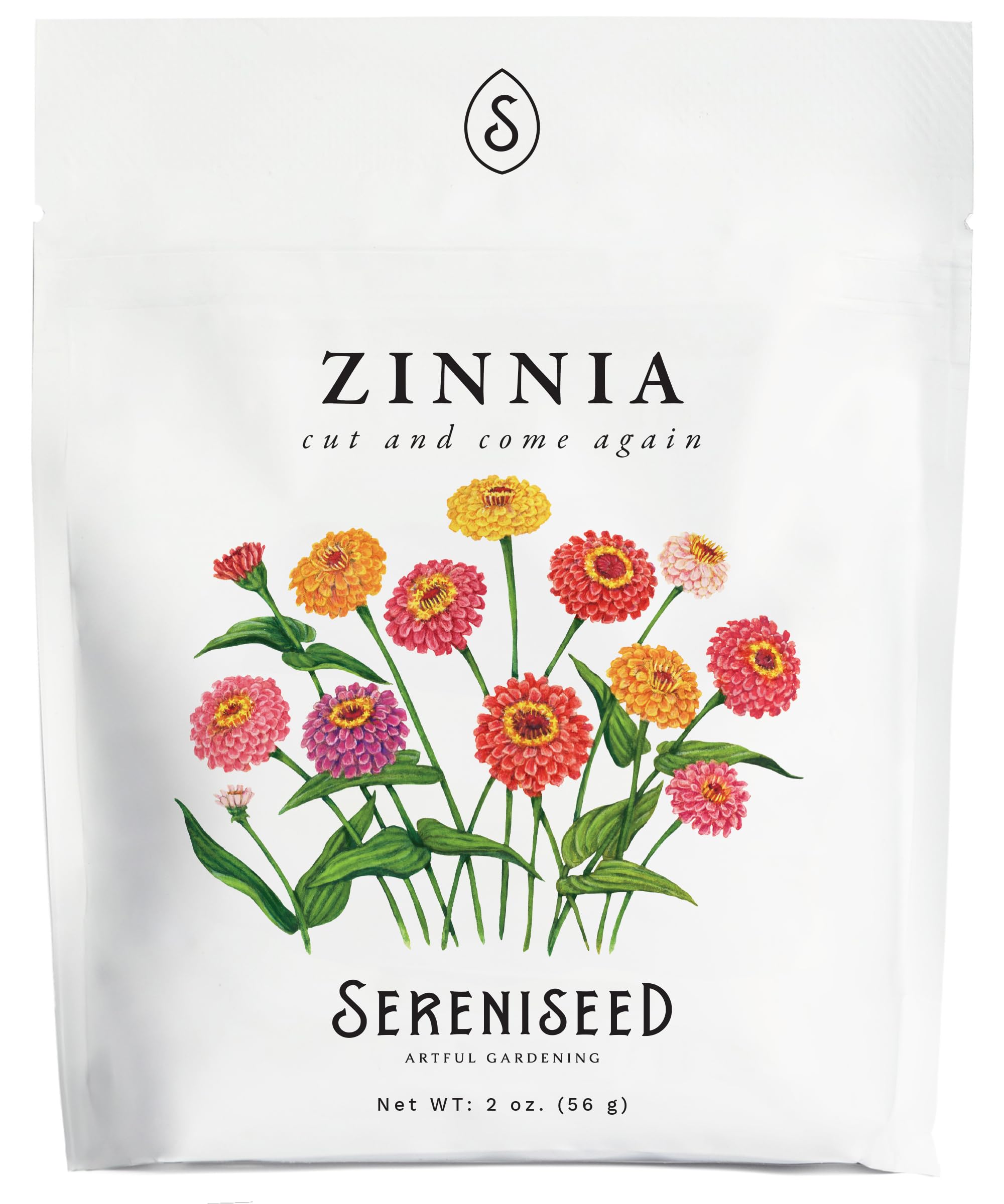 Sereniseed Cut and Come Again Zinnia Seeds 2oz seed pouch for vibrant, continuous blooms.