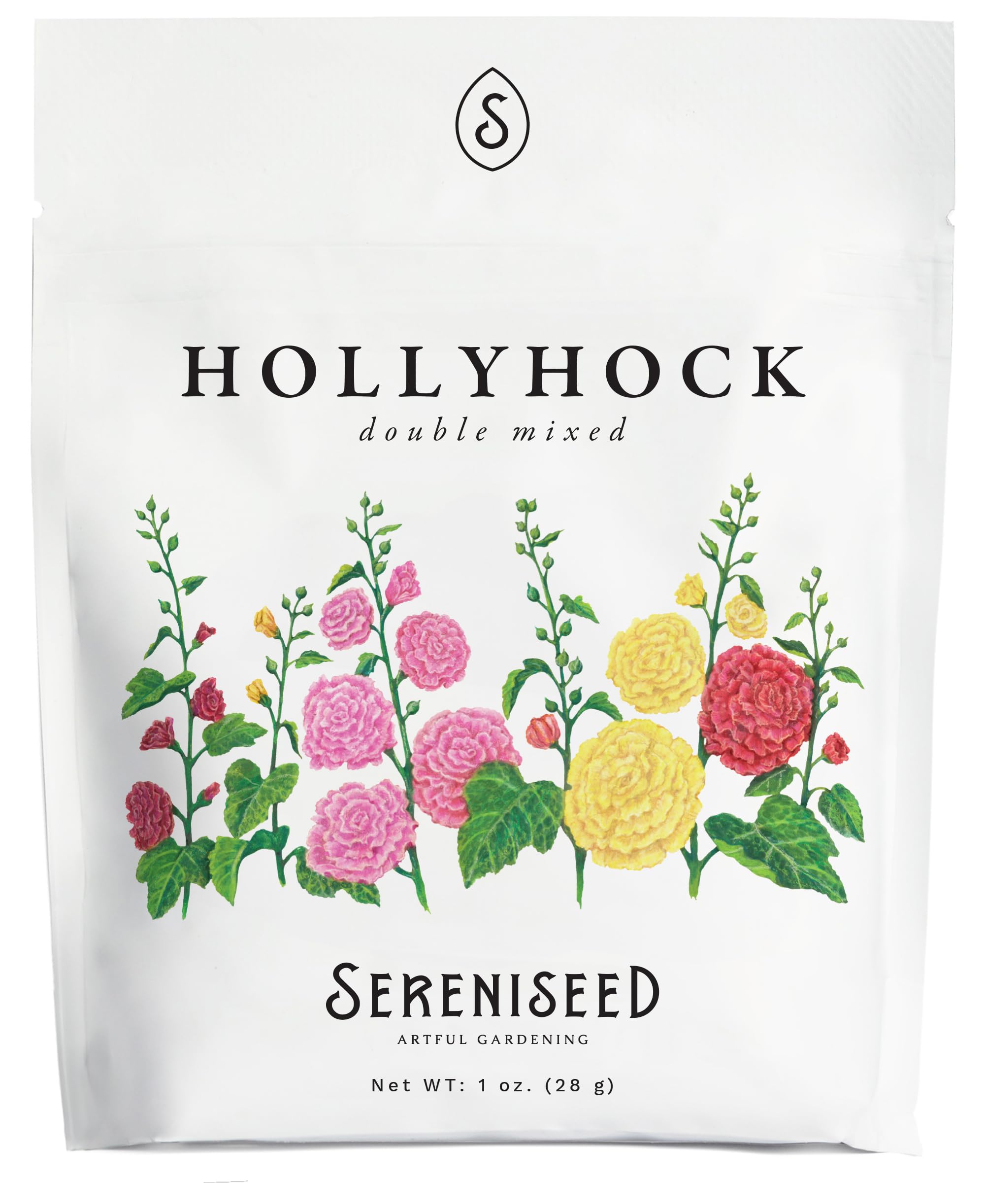 Sereniseed hollyhock seeds packet ready for sowing in your garden, ideal for colorful borders.