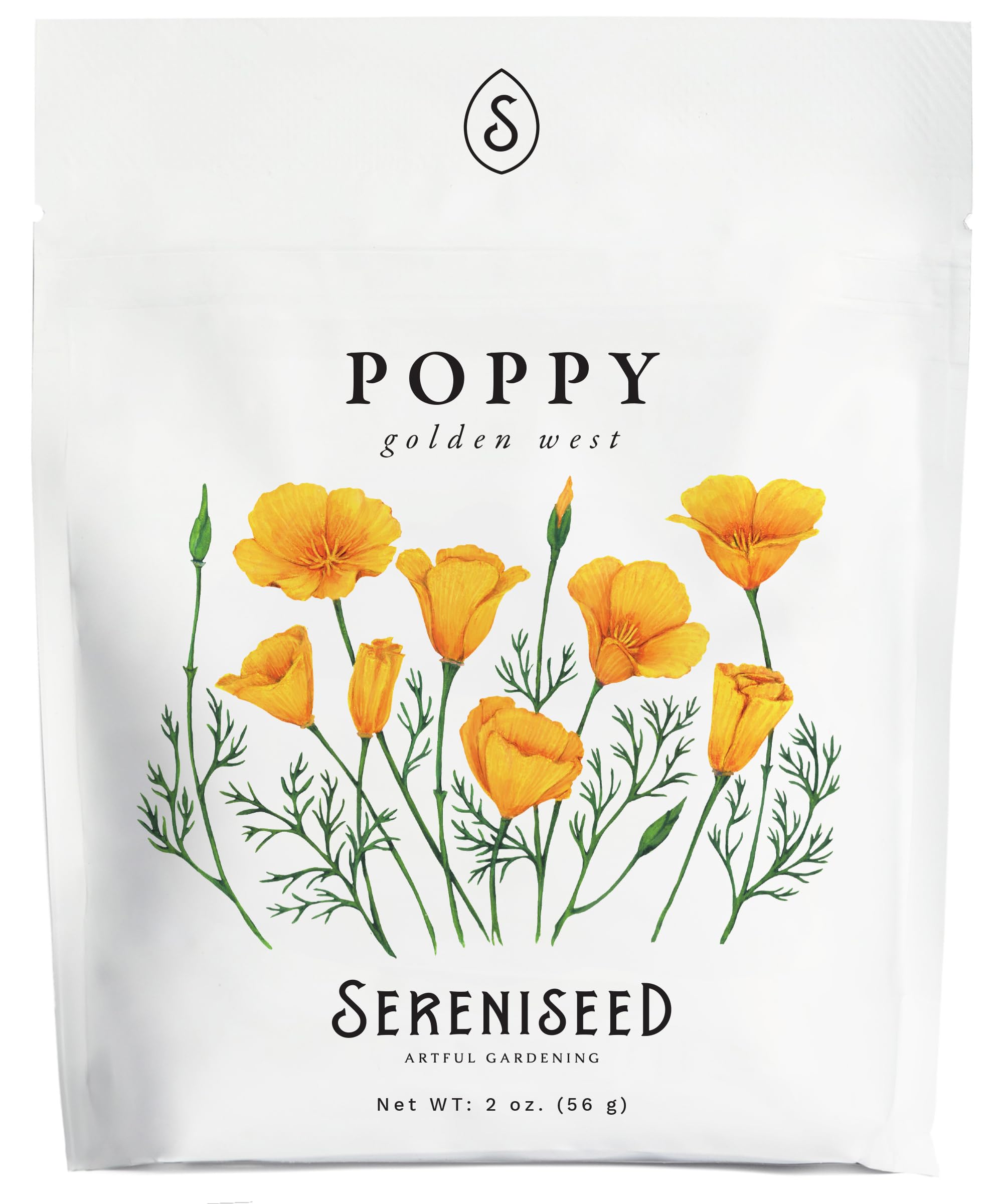 Sereniseed Golden West Poppy Seeds pouch, ideal for home gardening and reliable germination.