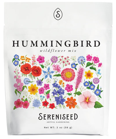 Sereniseed Hummingbird Wildflower Mix seeds in a 2 oz pouch for pollinator-friendly gardens