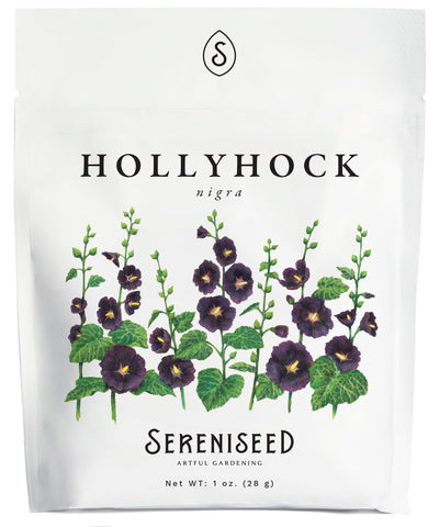 Sereniseed Nigra Hollyhock seeds in a 1 oz pouch ready for spring planting with reliable germination