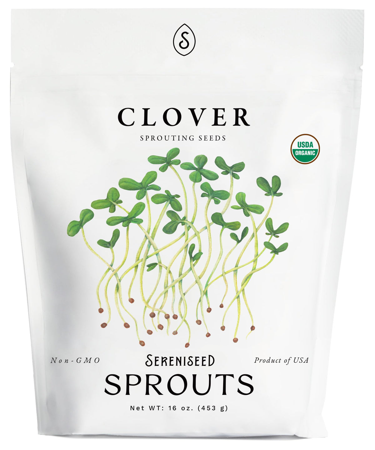 Sereniseed organic clover sprout seeds 16oz bag yield quick, nutrient-dense microgreens.