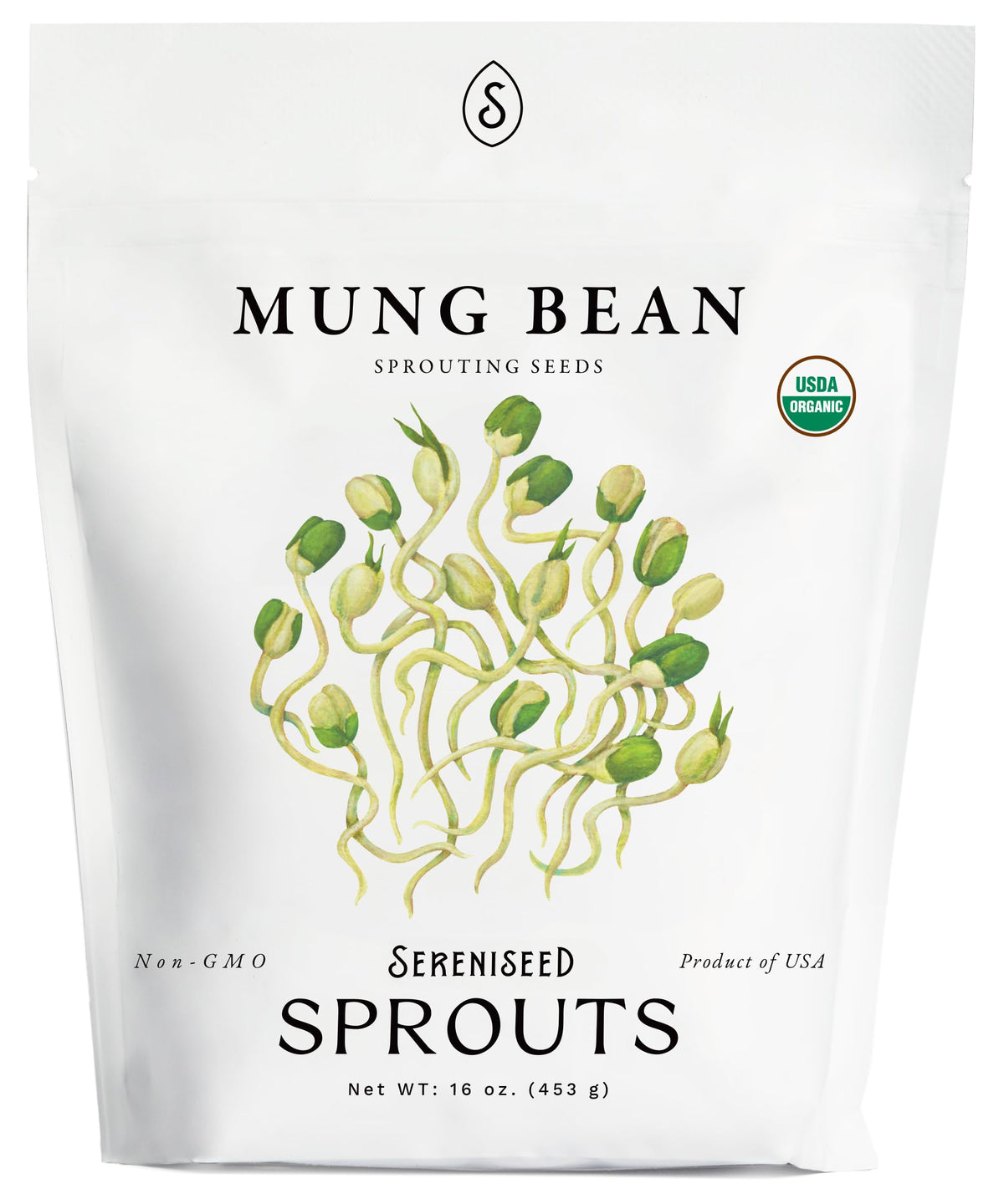 Sereniseed Organic mung bean sprout seeds - front-pack view, ideal for quick home sprouting