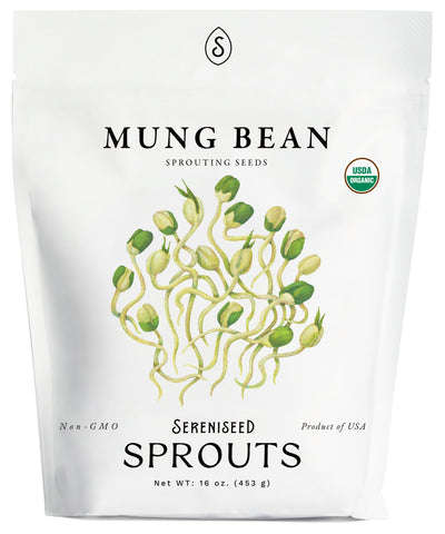 Sereniseed Organic mung bean sprout seeds - front-pack view, ideal for quick home sprouting