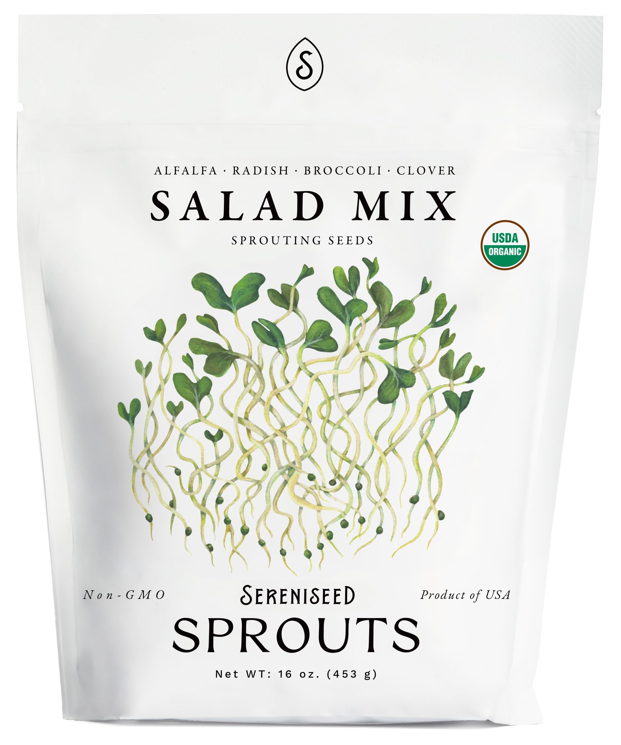 Sereniseed Organic Salad Mix sprout seeds for home sprouting and fresh alfalfa and radish microgreens.