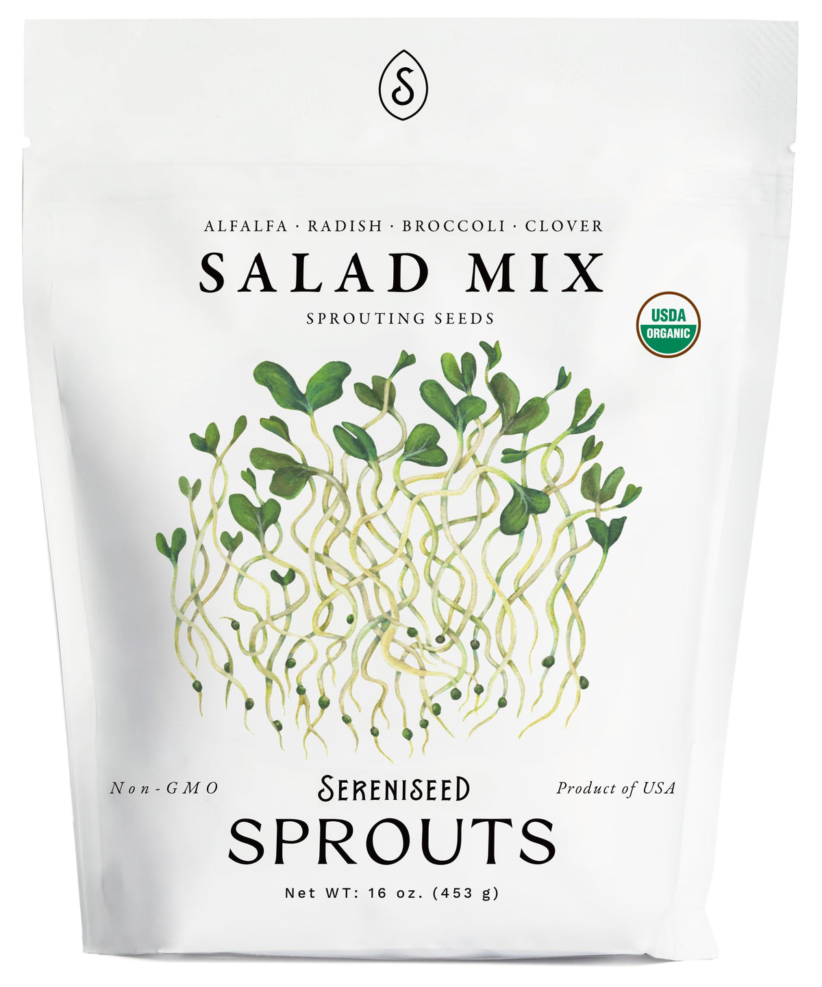 Sereniseed Organic Salad Mix sprout seeds for home sprouting and fresh alfalfa and radish microgreens.