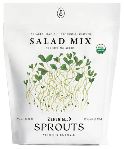 Sereniseed Organic Salad Mix sprout seeds for home sprouting and fresh alfalfa and radish microgreens.