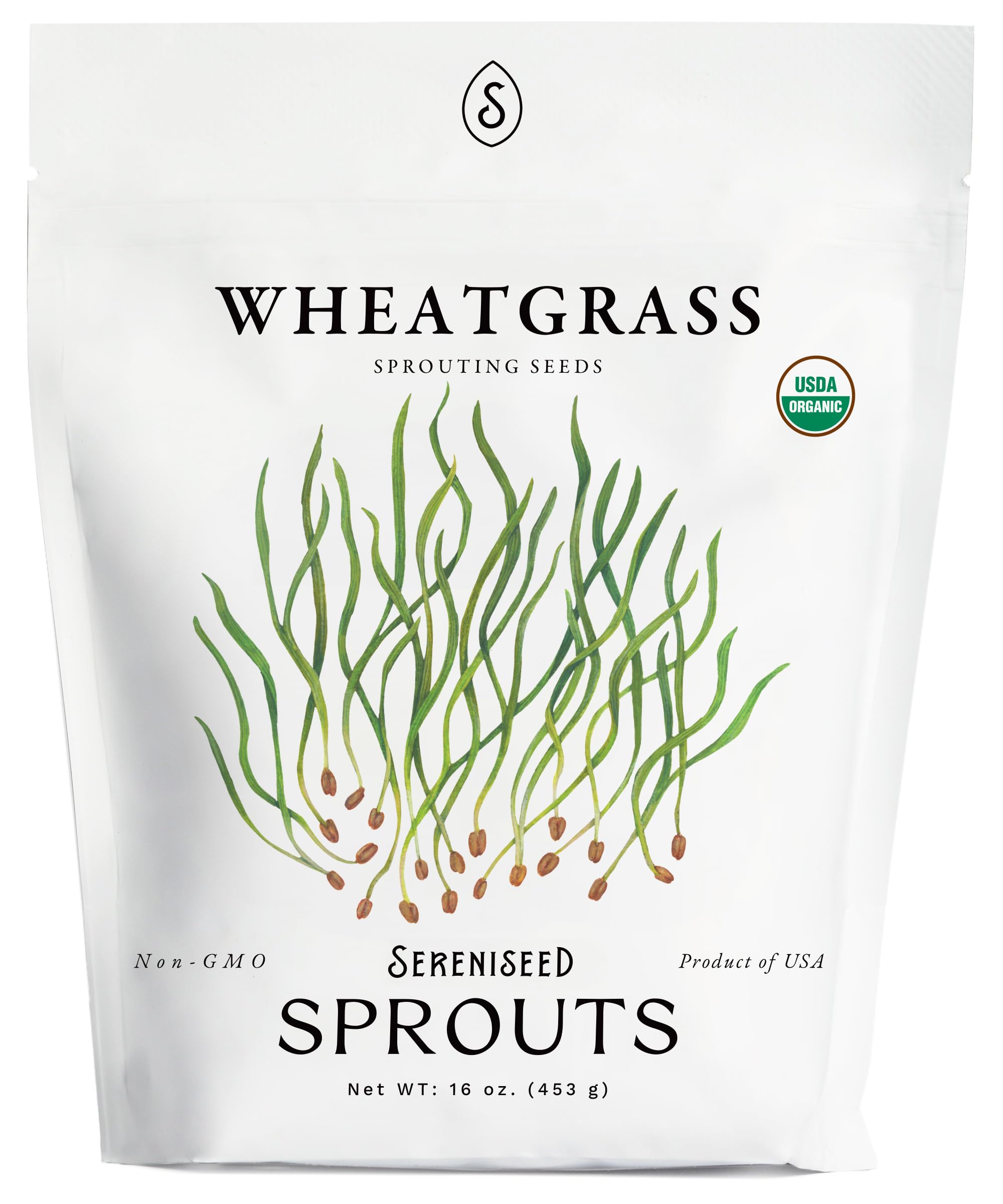 Sereniseed organic wheatgrass seeds in a bag for home sprouting and fresh greens.