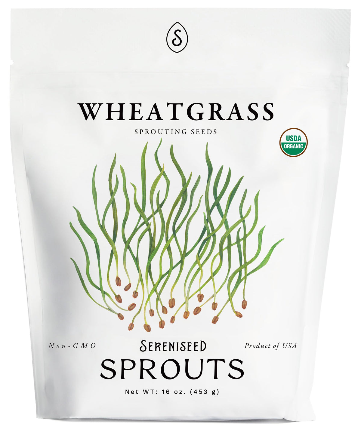 Sereniseed organic wheatgrass seeds in a bag for home sprouting and fresh greens.