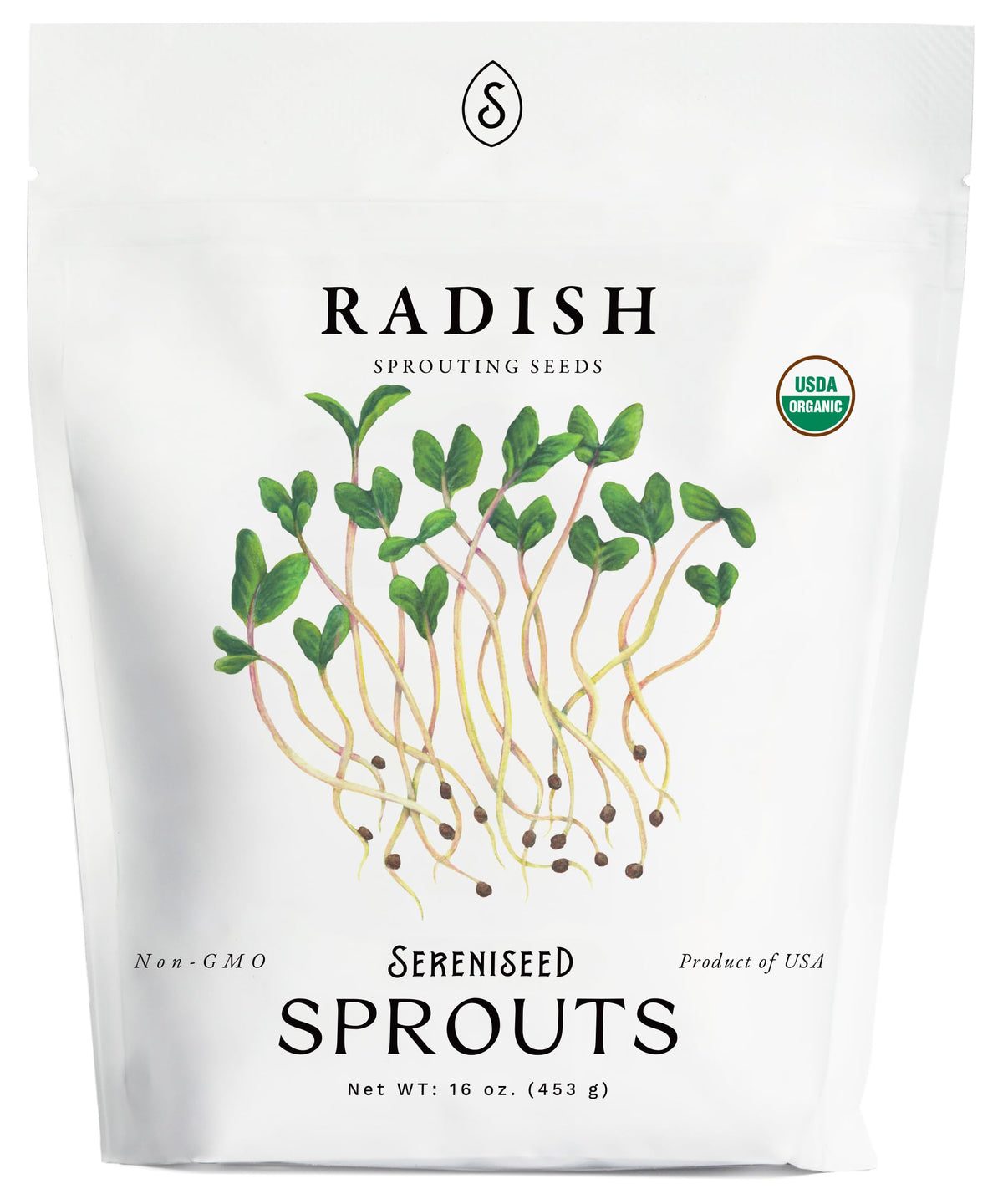 Sereniseed radish sprout seeds in a 16oz bag for easy home sprouting