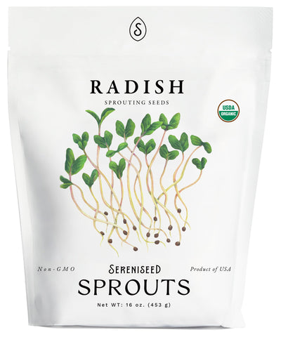 Sereniseed radish sprout seeds in a 16oz bag for easy home sprouting