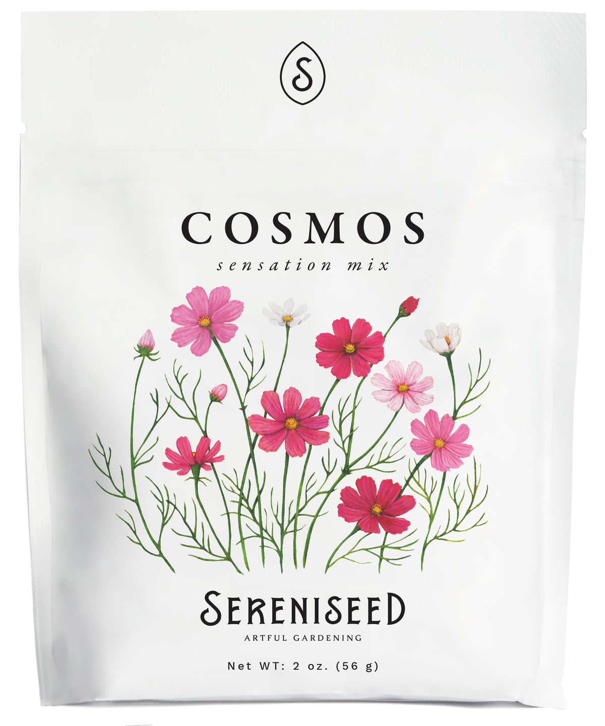 Sereniseed Sensation Mix Cosmos seeds ready for planting and vibrant garden blooms.