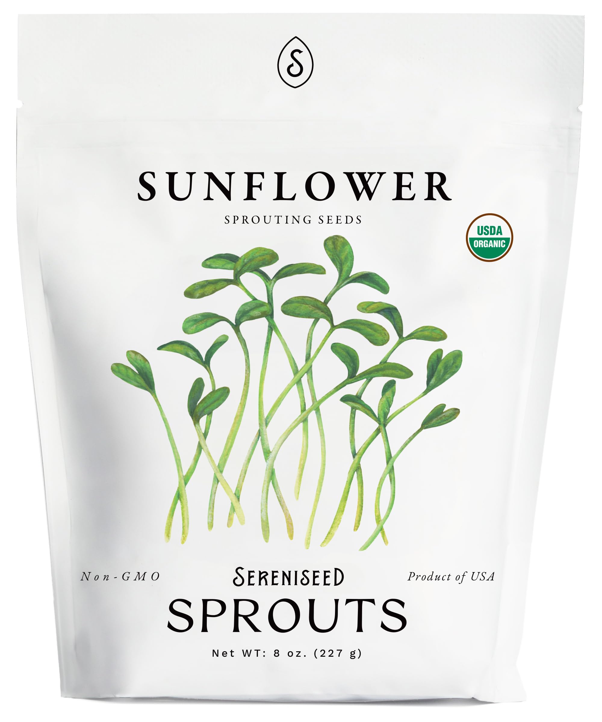 Sereniseed Organic Sunflower Sprout Seeds packaging shows heirloom quality for sprouting.