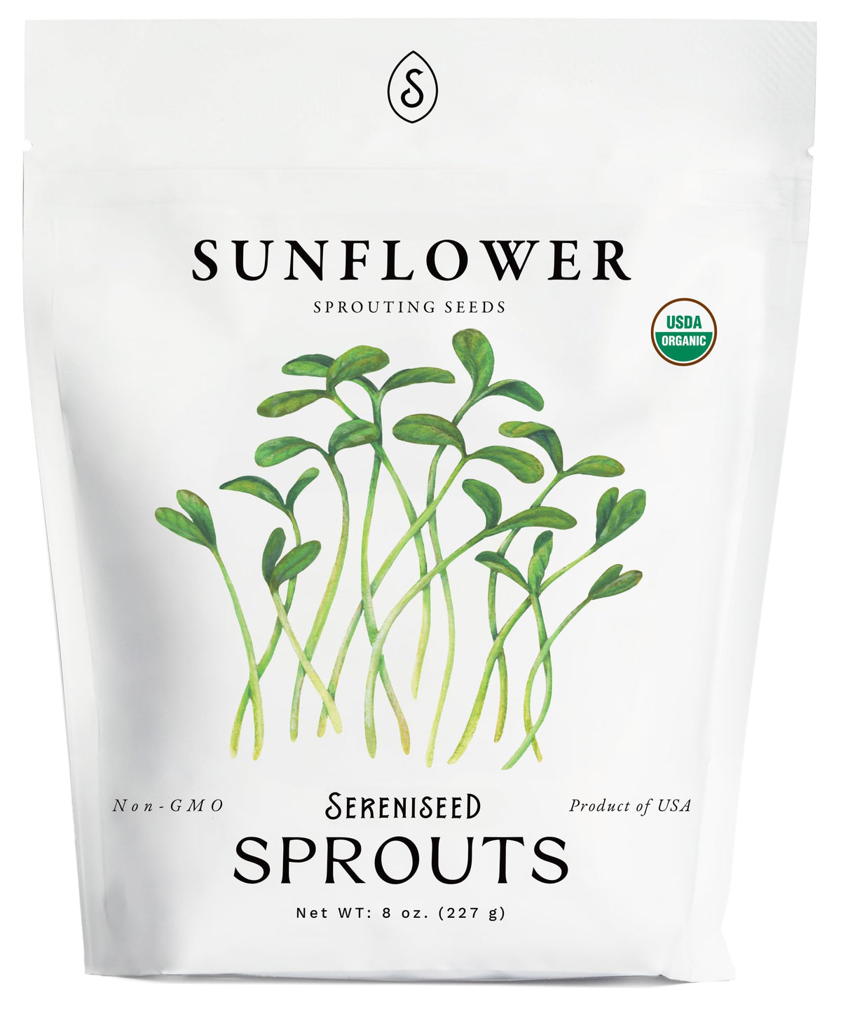 Sereniseed Organic Sunflower Sprout Seeds packaging shows heirloom quality for sprouting.