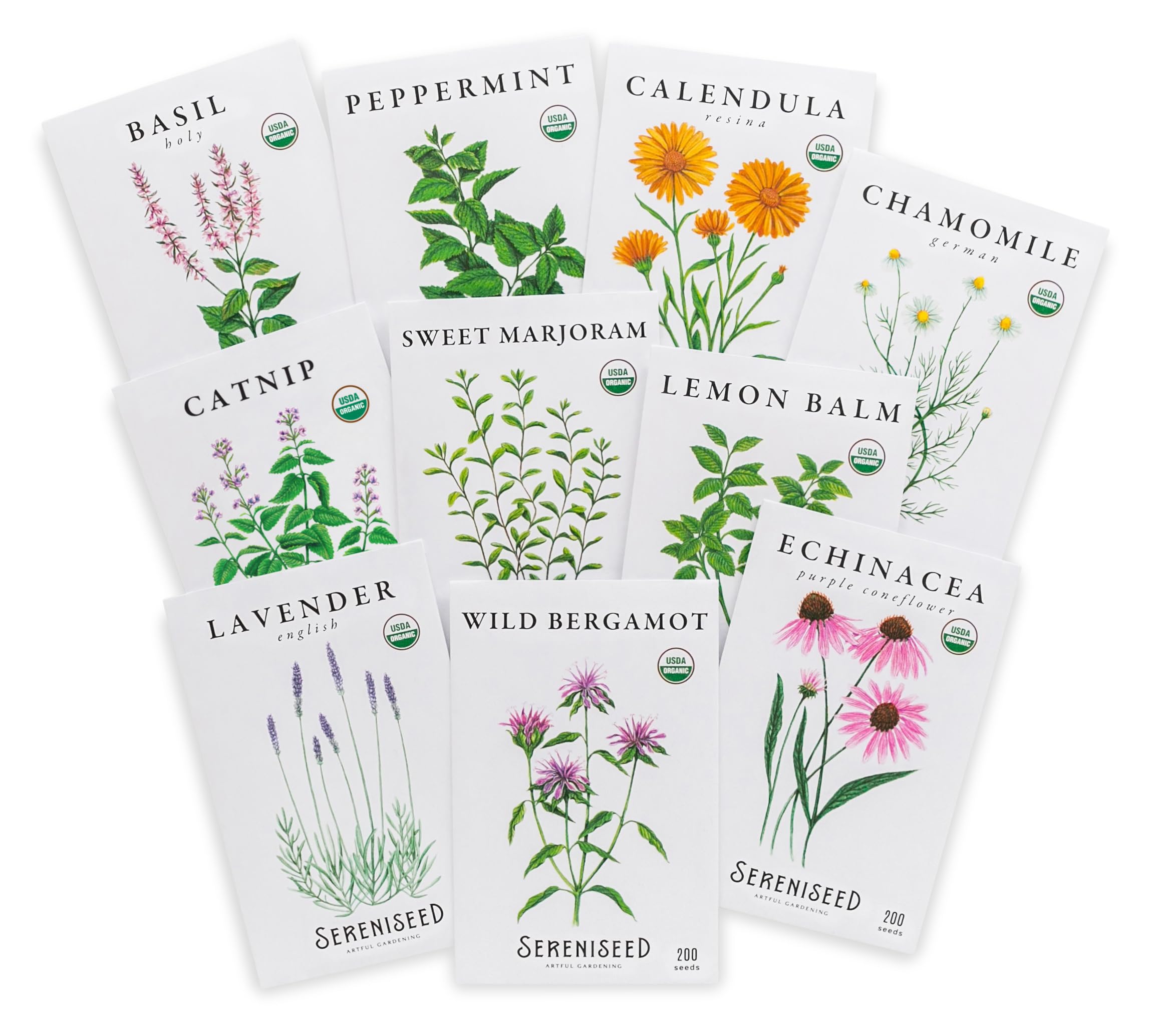 Sereniseed Tea Seed Collection packaging shows the complete 10-pack and grow guide
