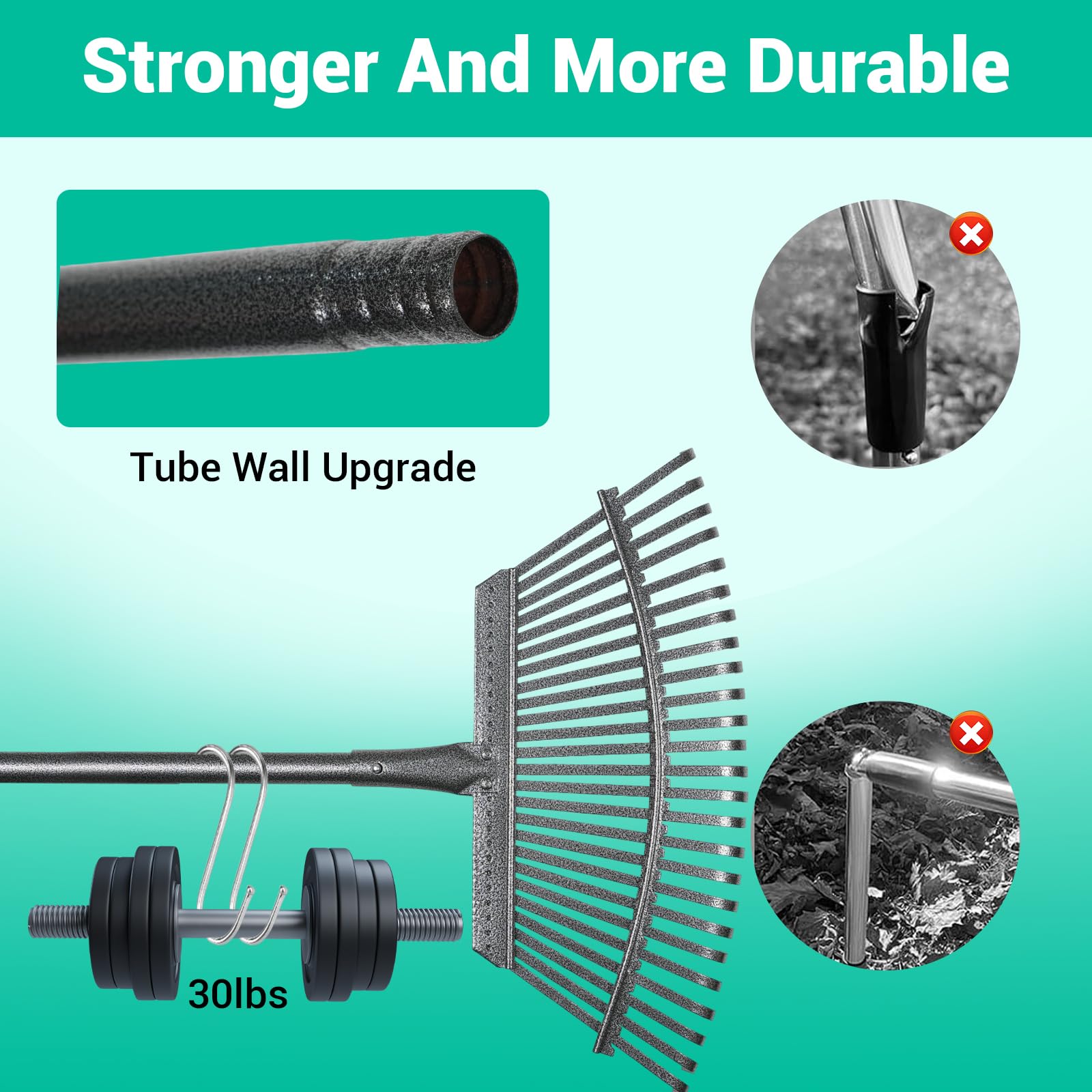 Serqd rake showing adjustable 36–73 inch handle for versatile yard work