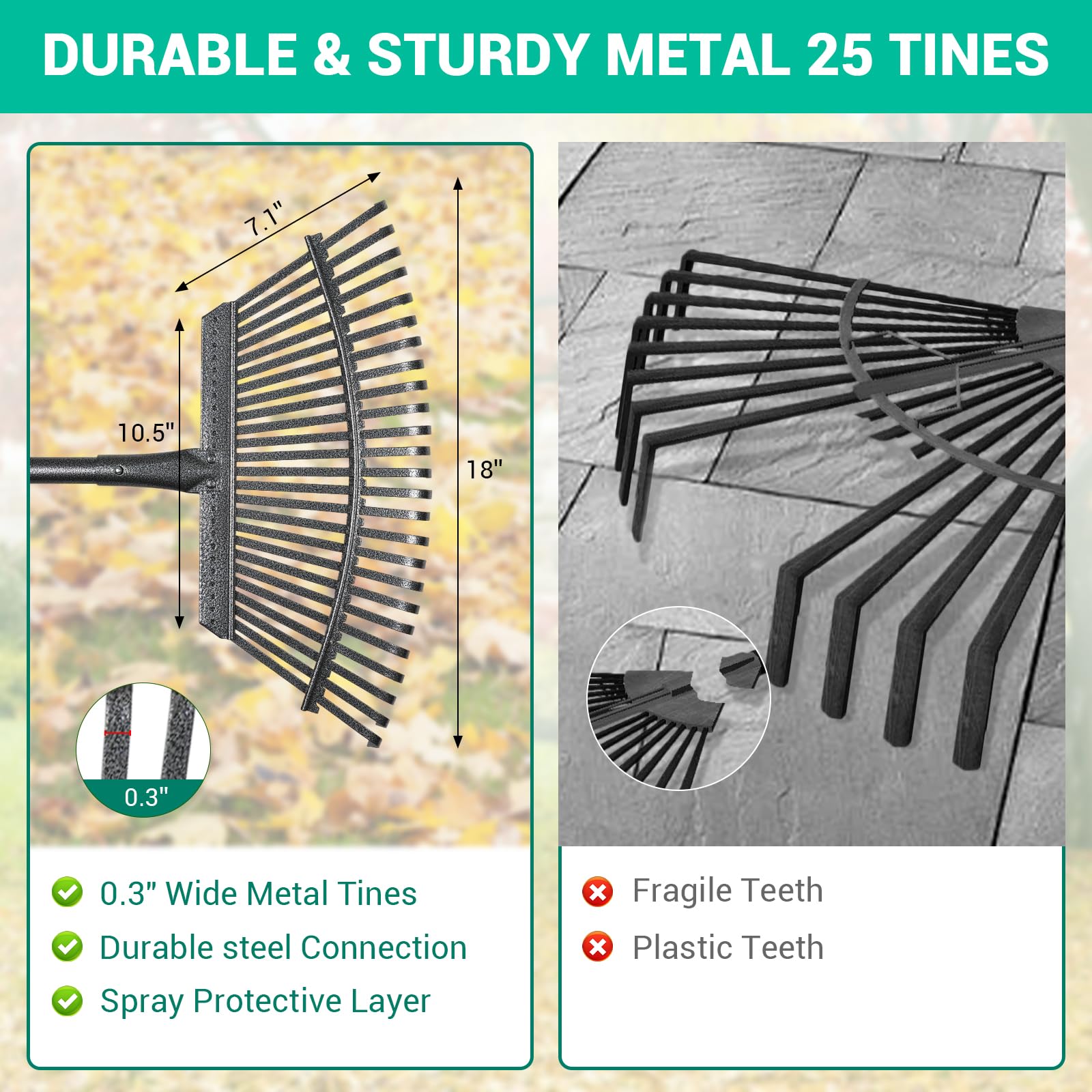 Serqd stainless steel rake with 25 tines for thorough leaf collection