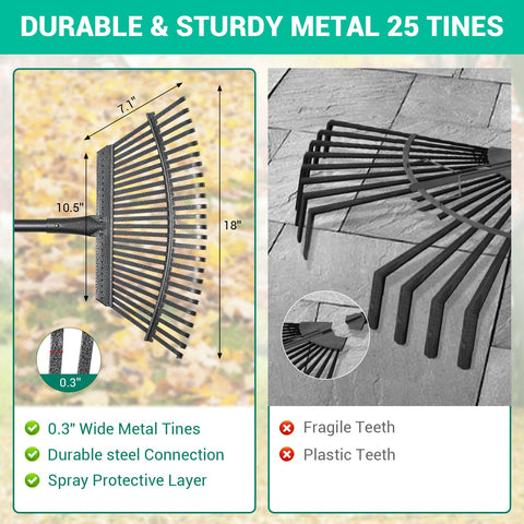 Serqd stainless steel rake with 25 tines for thorough leaf collection