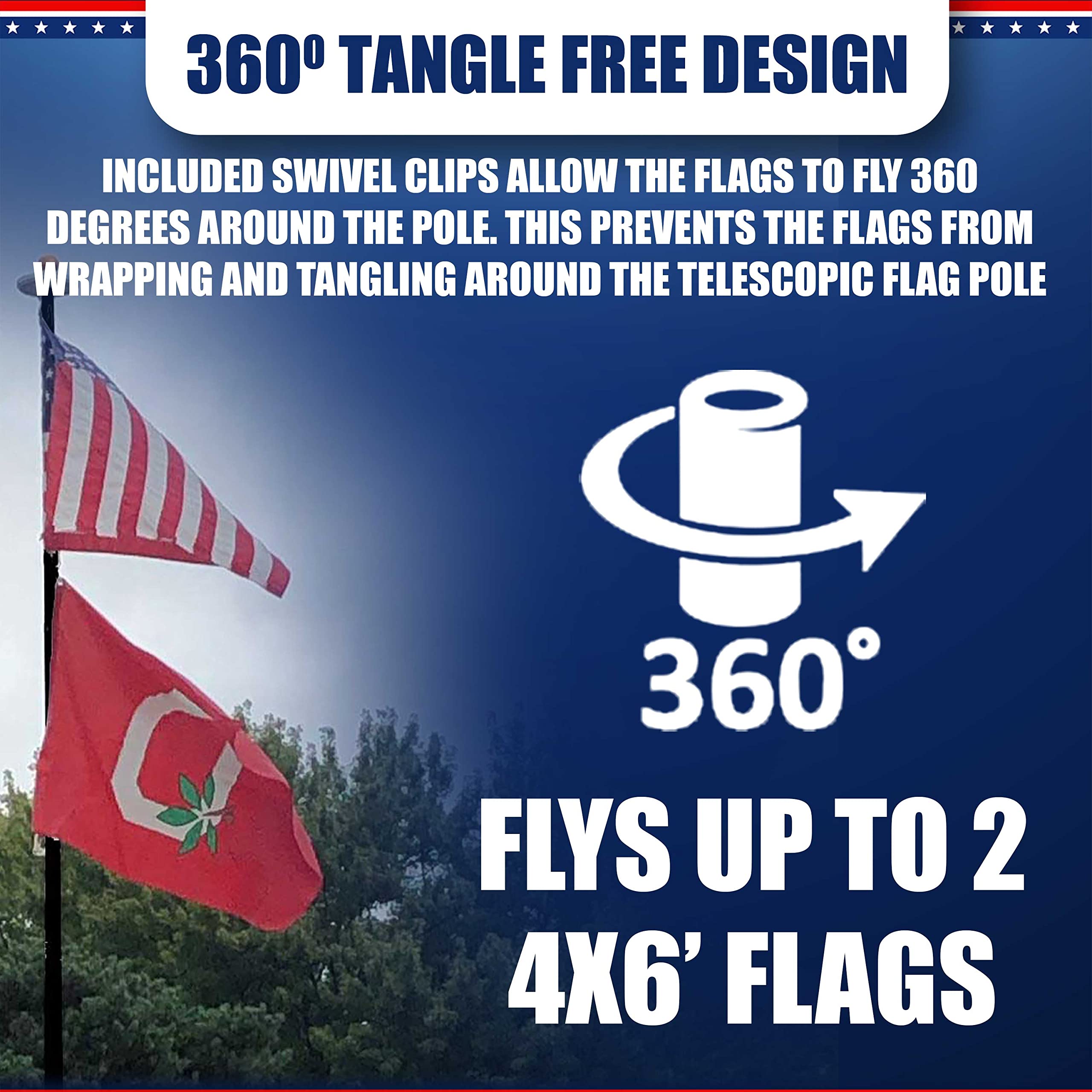 Anti-tangle swivel ring design reduces flag tangling in windy conditions.