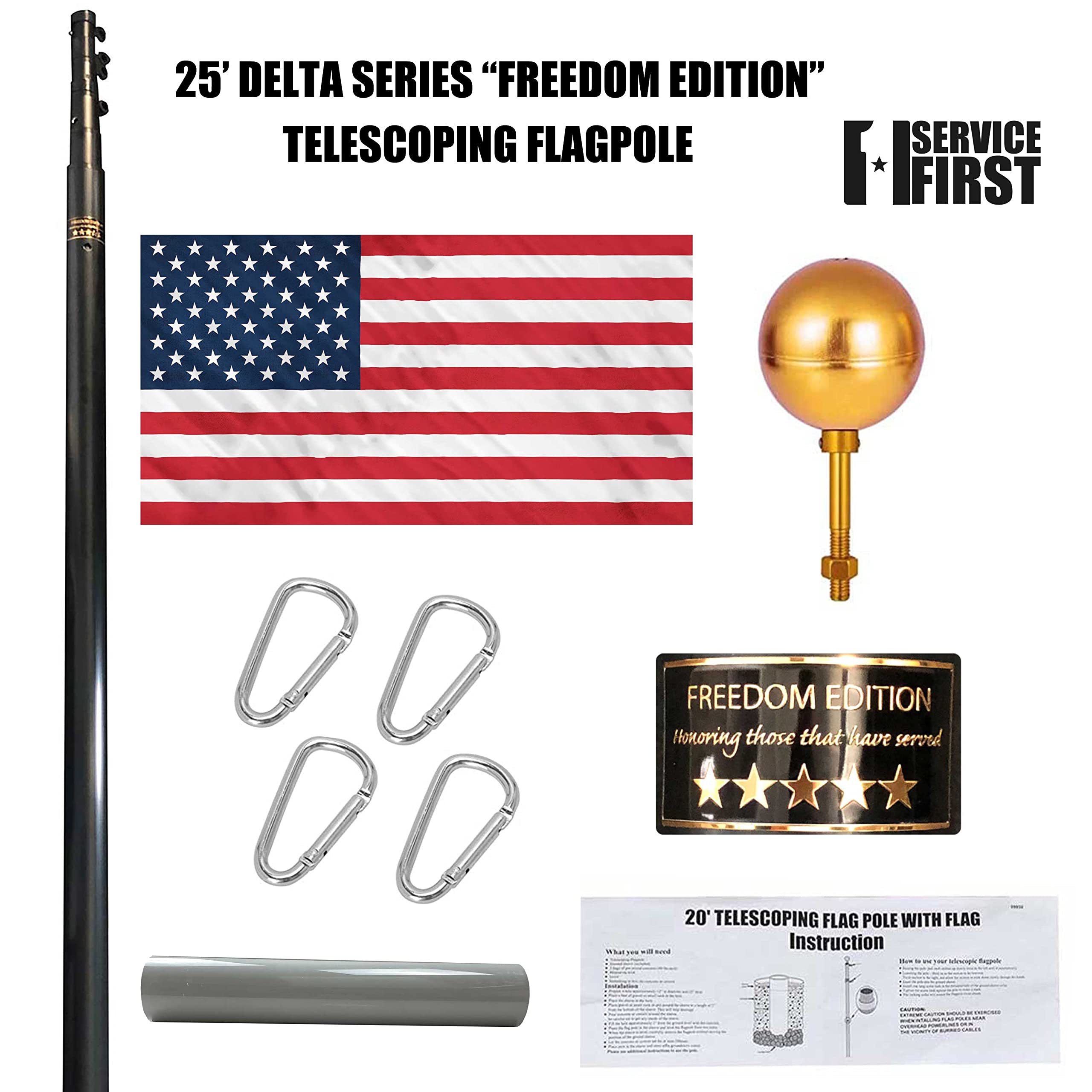 Service First flagpole telescoping system shown for quick, secure height adjustment
