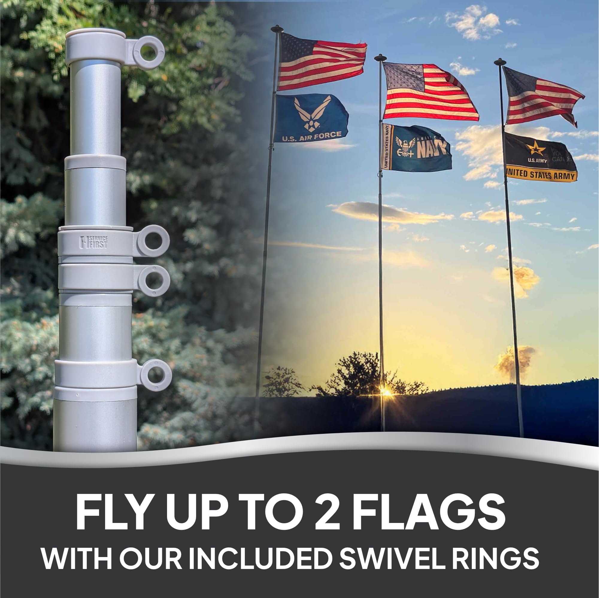 Silver anodized finish on Service First flagpole for corrosion resistance.