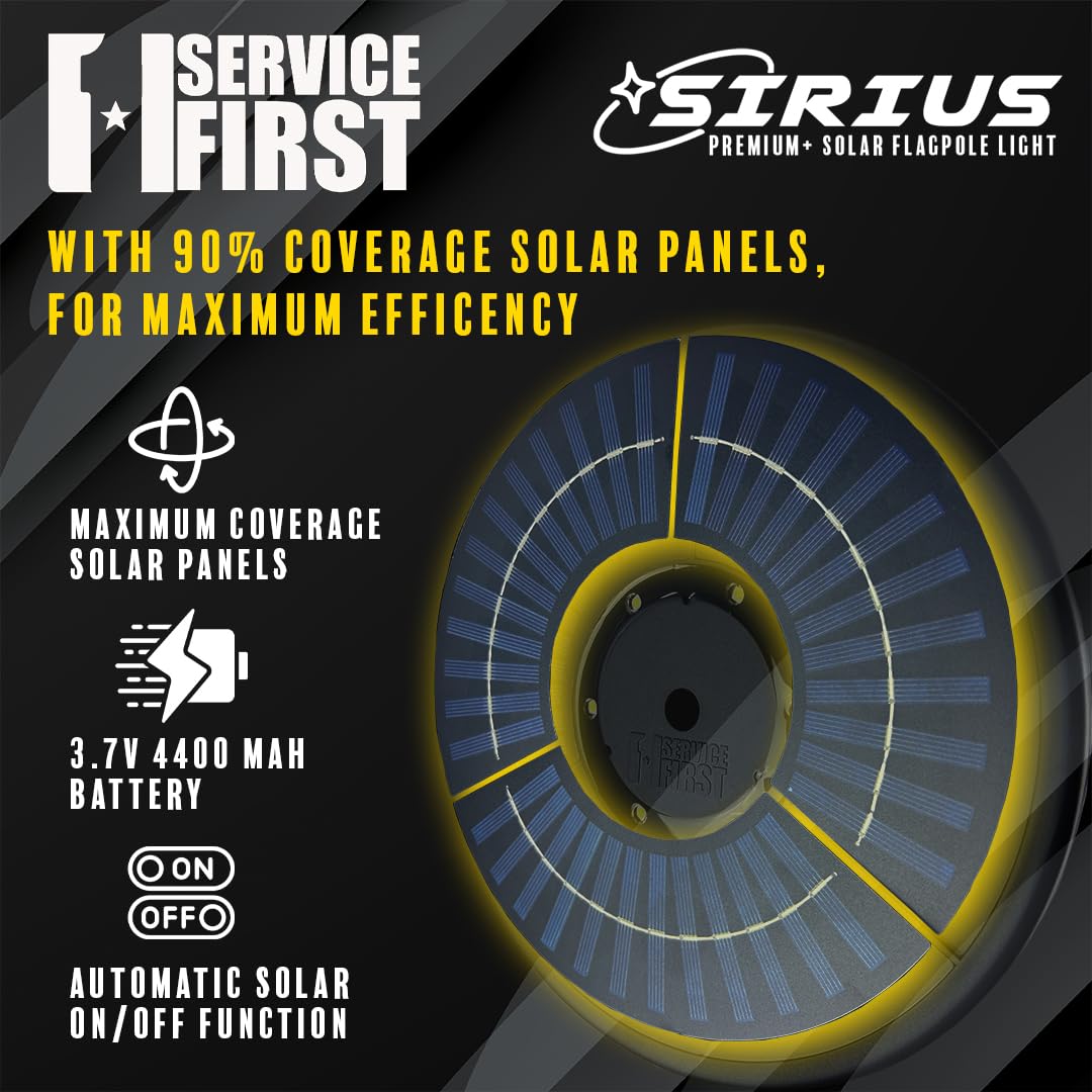 Service First Sirius Solar Flagpole Light finial illumination highlights the flagtop with a subtle glow.