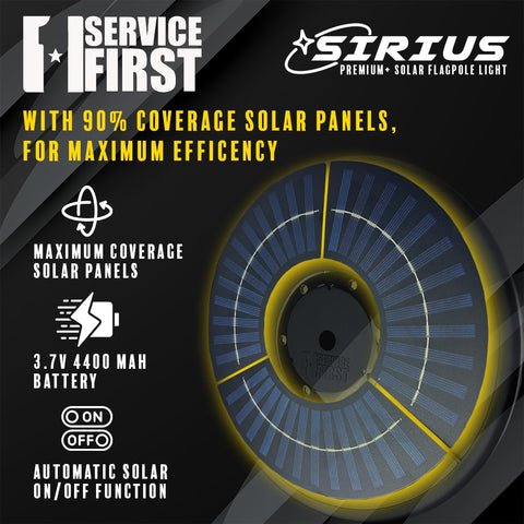 Service First Sirius Solar Flagpole Light finial illumination highlights the flagtop with a subtle glow.