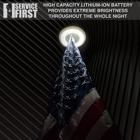 Service First Sirius Solar Flagpole Light uses automatic sun sensor for seamless nightly operation.