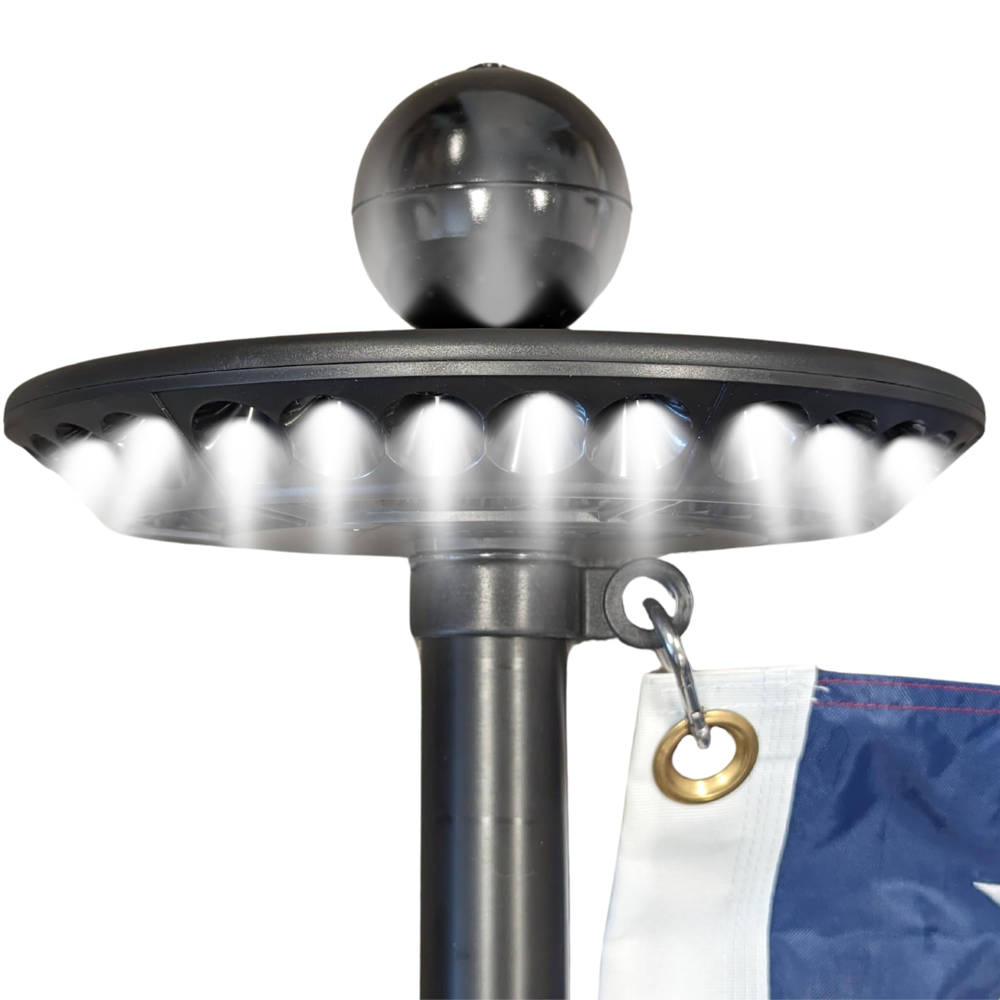 Service First Sirius Solar Flagpole Light emits ultra-bright illumination for nighttime flag visibility.