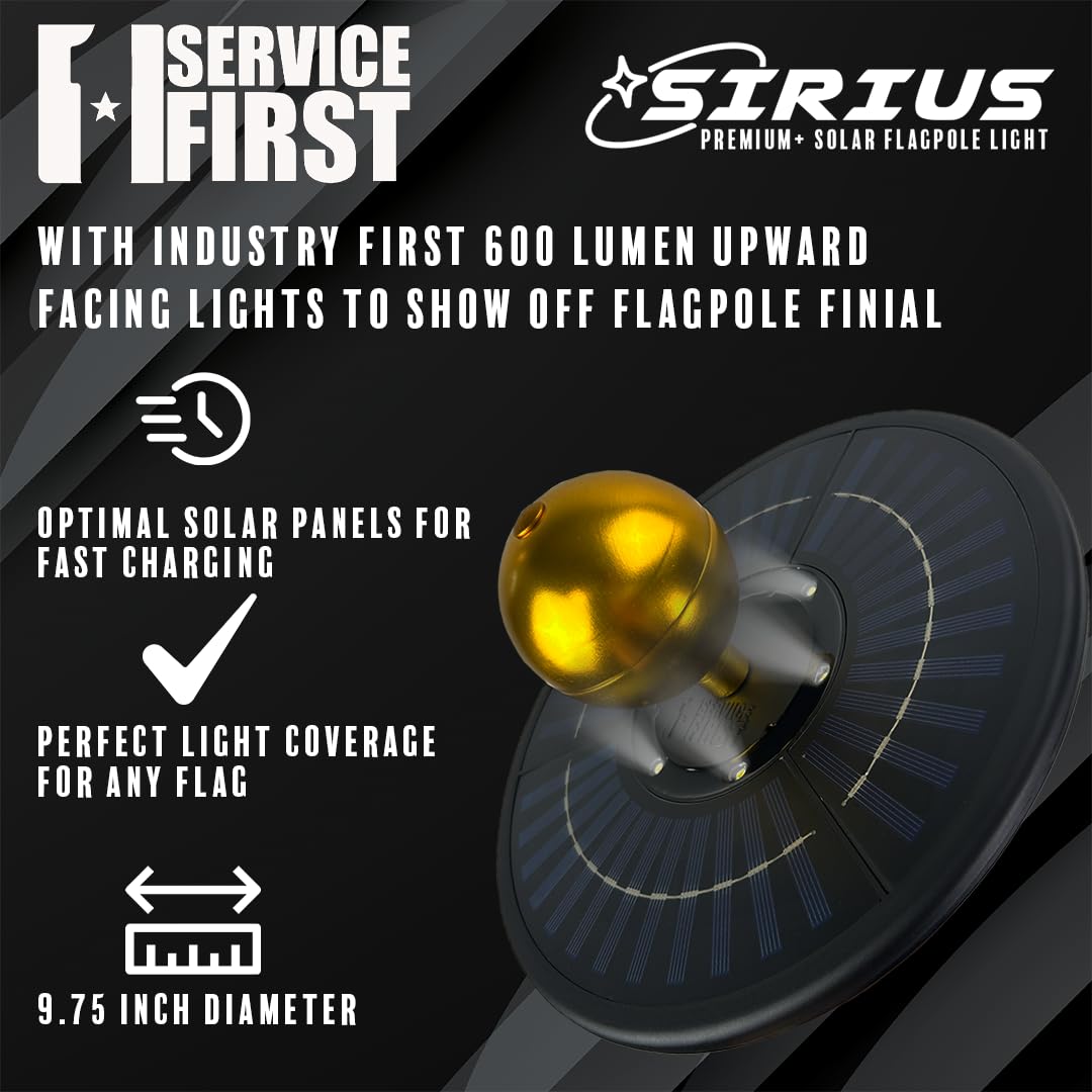 Service First Sirius Solar Flagpole Light withstands rain, snow, and sun with weatherproof durability.