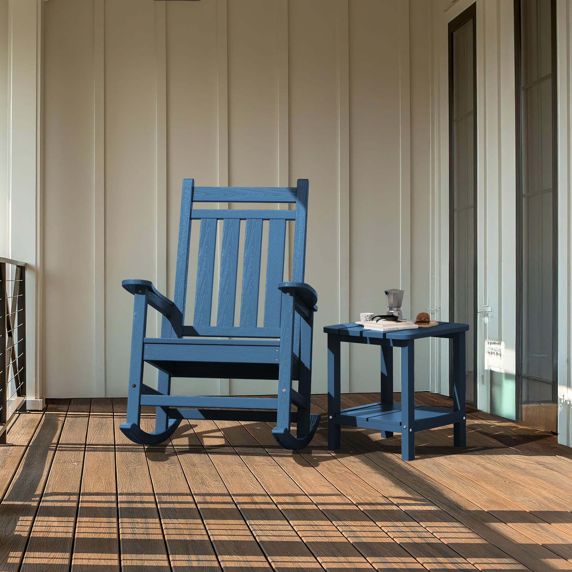 SERWALL Adirondack table blue 17-7x15-inch dimensions demonstrate compact footprint.