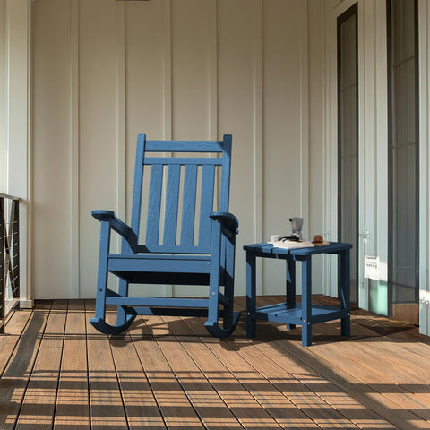 SERWALL Adirondack table blue 17-7x15-inch dimensions demonstrate compact footprint.