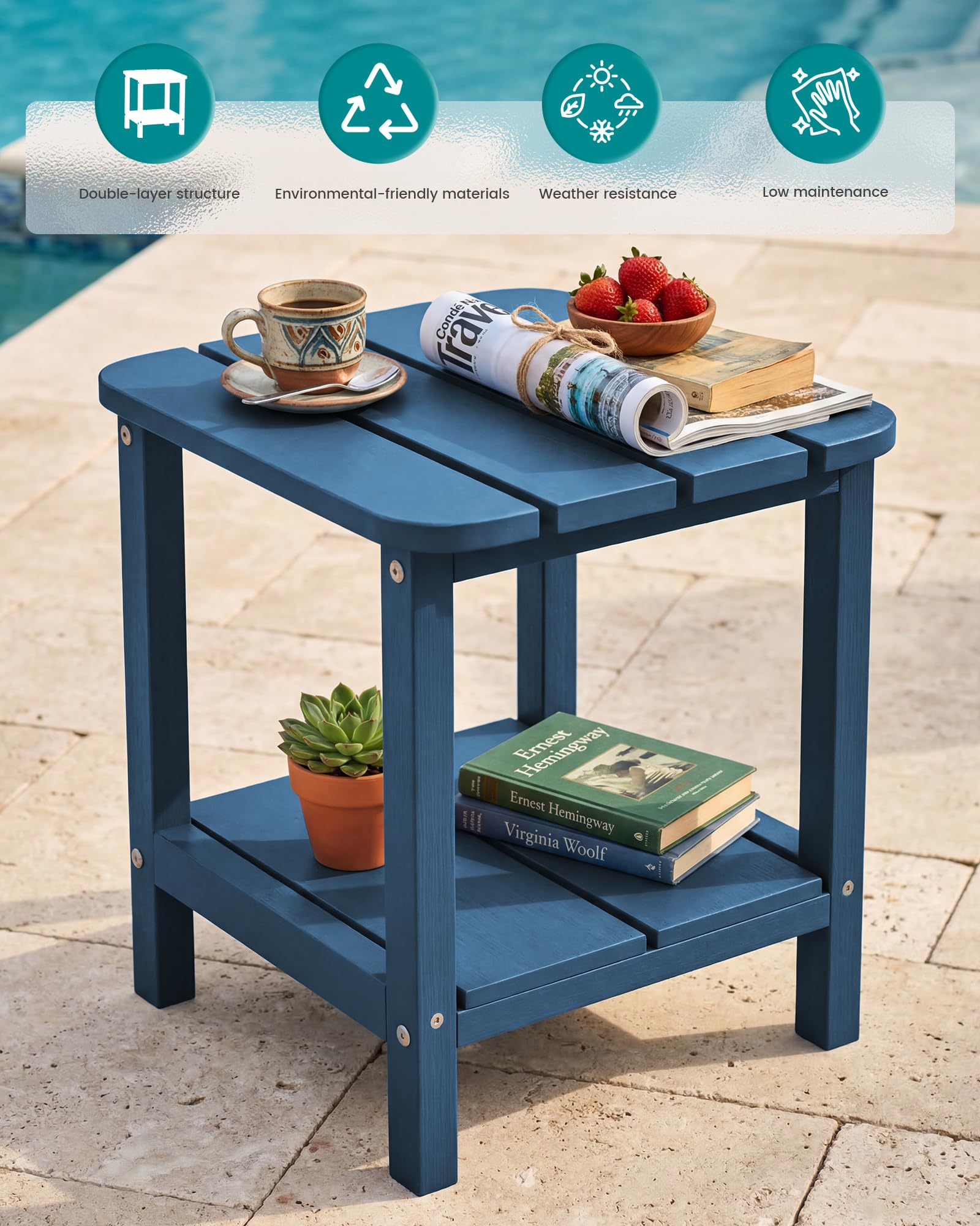 SERWALL Adirondack table blue double-deck offers extra storage space.