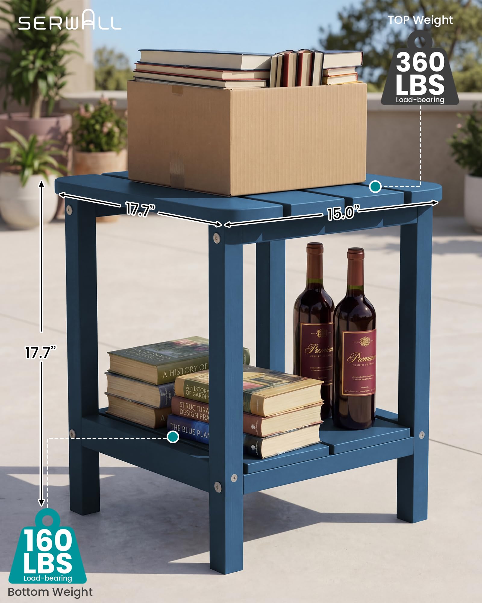 SERWALL Adirondack table blue durable material emphasizes long-lasting outdoor use.