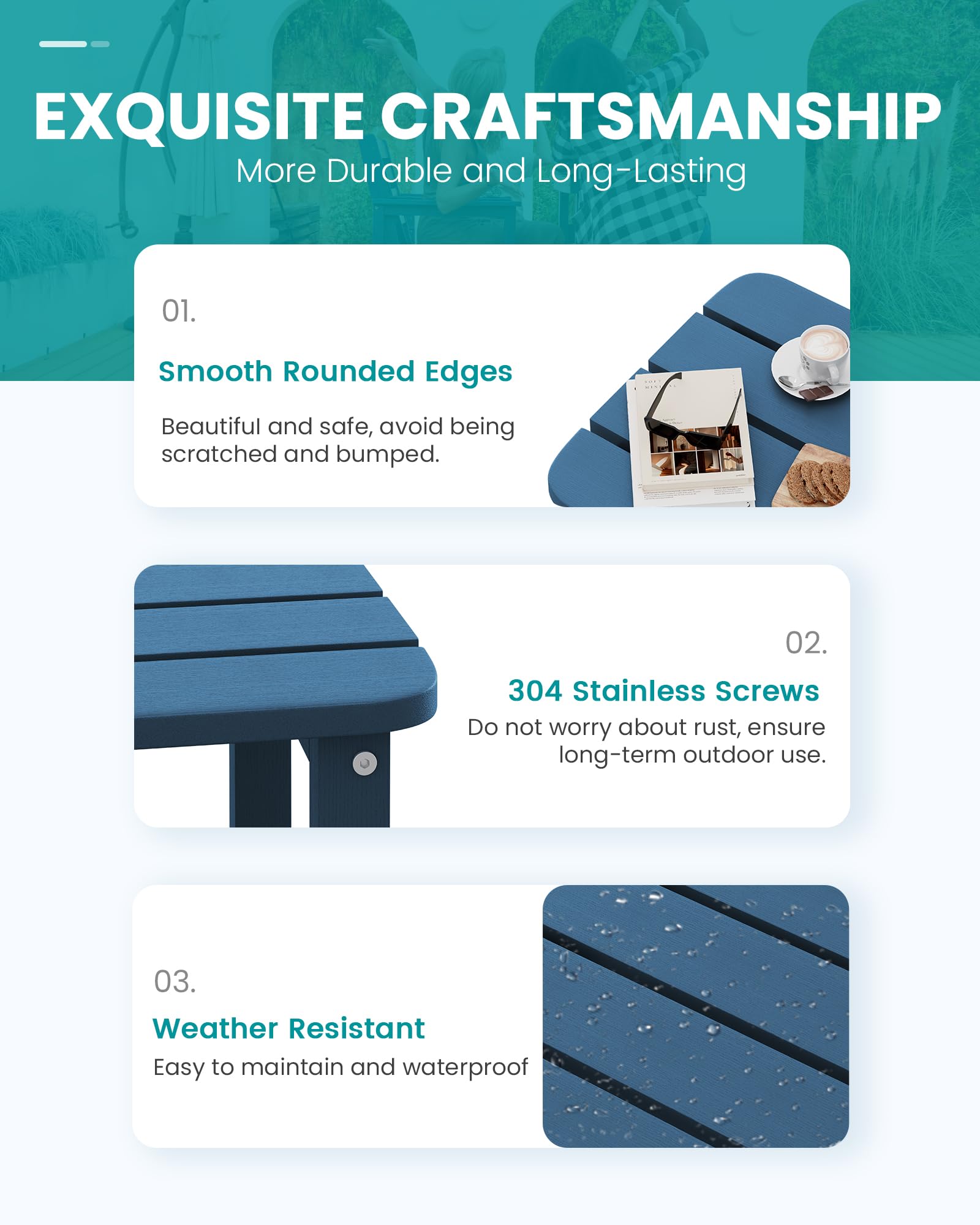 SERWALL Adirondack table blue side view highlighting weather-resistant design.