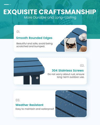 SERWALL Adirondack table blue side view highlighting weather-resistant design.
